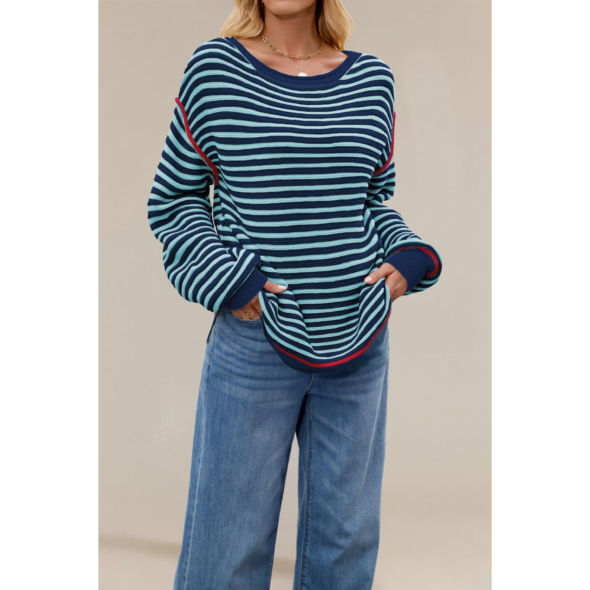 TK Suéter de punto a rayas para mujer, cuello redondo, manga larga y holgado para otoño e invierno.