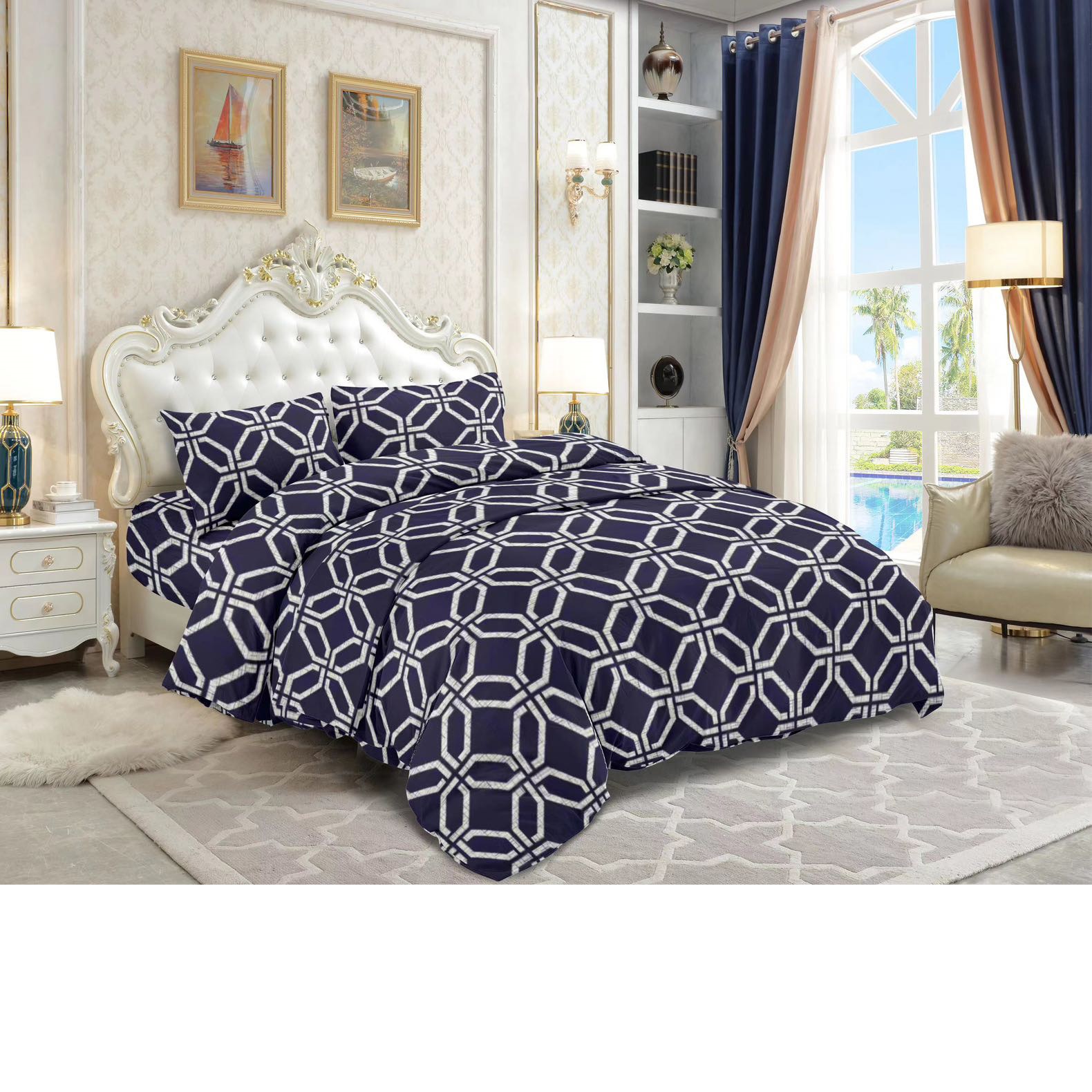 Juego de 4 Piezas Decoración Hogar Polaristar - Estilo Nórdico Minimalista, Funda de Edredón Estampada + Sábana Bajera  + 2 Fundas de Almohada, Poliéster Premium Transpirable Antideslizante para Sofá/Cama, Tamaños 135-150-180 cm