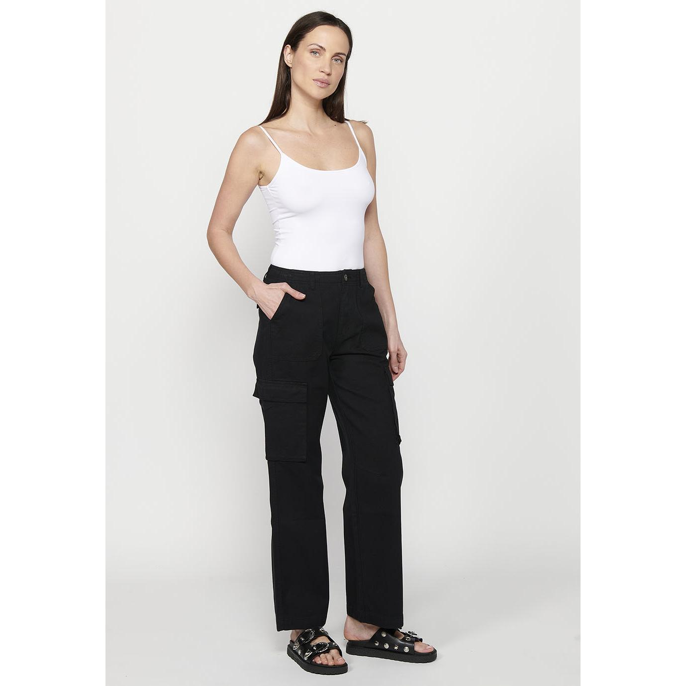 Koroshi - Pantalón cargo de algodón 100% para mujer, estilo utility urbano con bolsillos laterales funcionales, negro