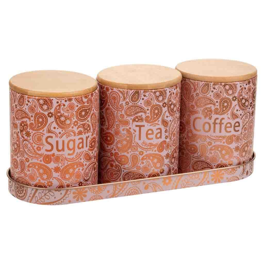 Wonderlust Deco - Bandeja y 3 botes de metal rosas Multicolor cubo:D10,5x13,5h-bandeja:40x12,5x4,5h cm