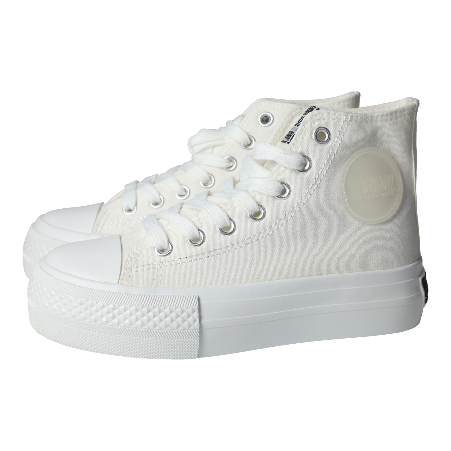 Zapatillas marca B&W para niña en color blanco. Zapatillas tipo botin de lona para niñas, cordones y plataforma, zapatillas con plataforma para niñas, ideales para verano
