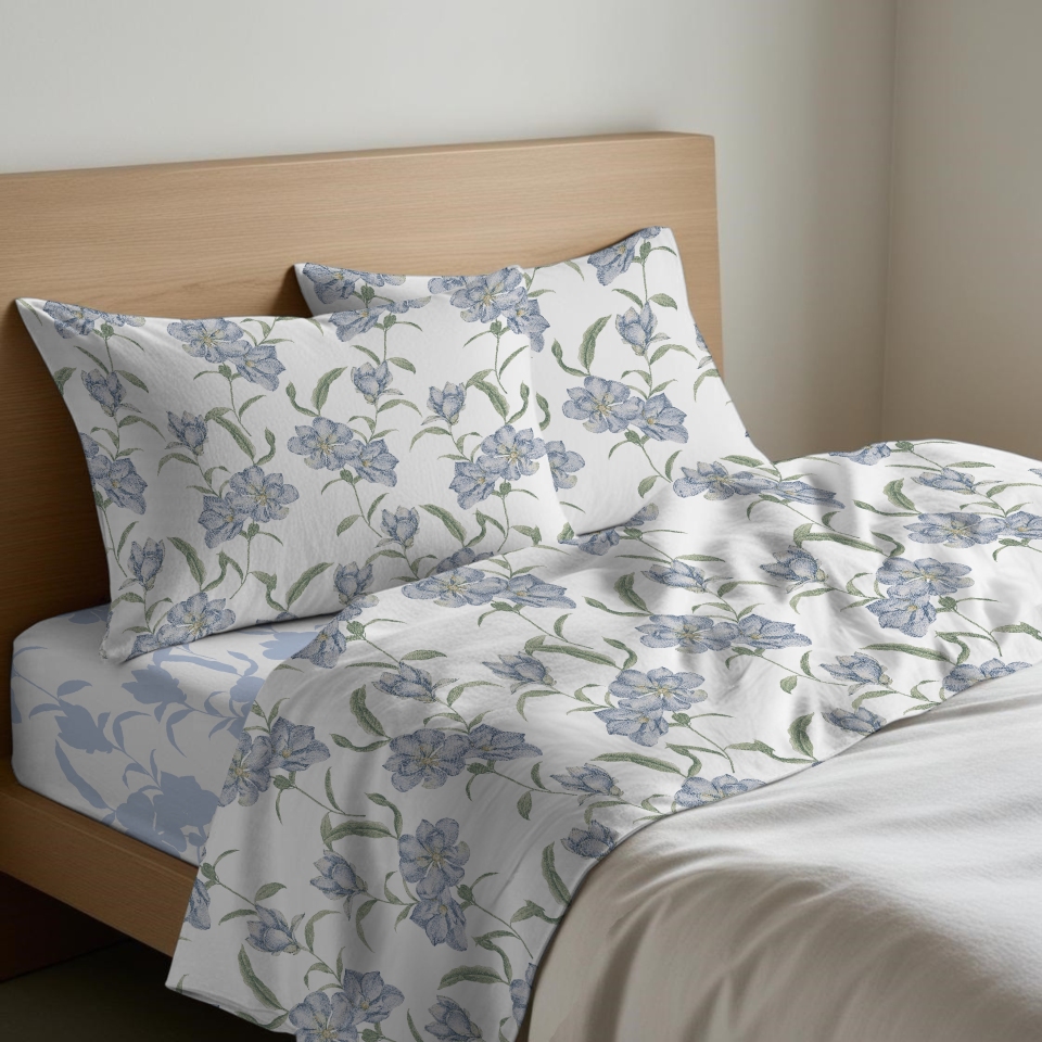 GCarredocasa Set Lenzuola  Magnolia Azzurro  - 100% Cotone Quadrifoglio - Un Completo Lenzuola Made in Italy