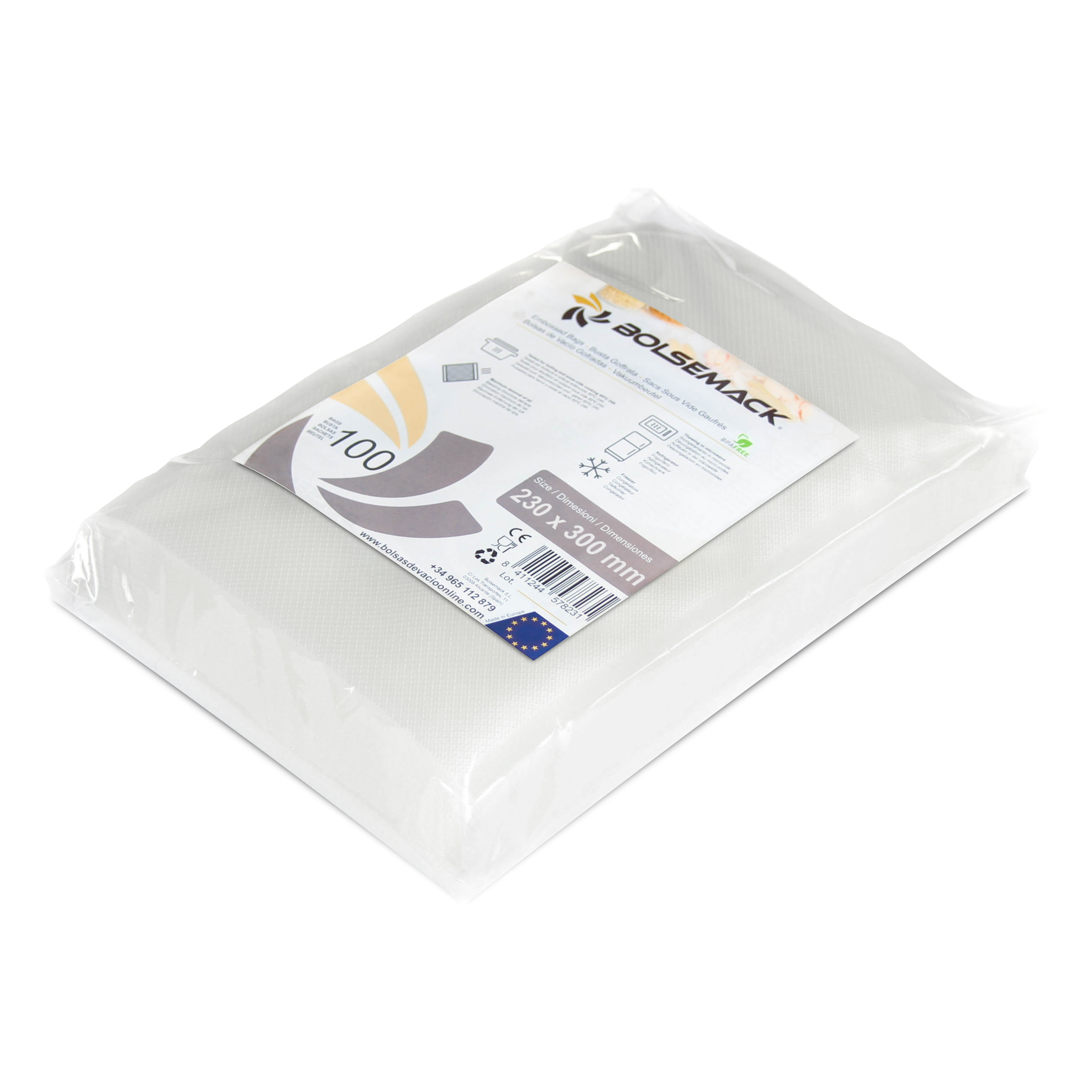 Bolsemack Bolsa gofrada envasado al vacio 230x300 mm. (23x30 cm.) 100 uds. Bolsas de vacío para alimentos Compatibles con todo tipo de envasadora al vacío doméstica Aptas para cocina sous vide Sin BPA