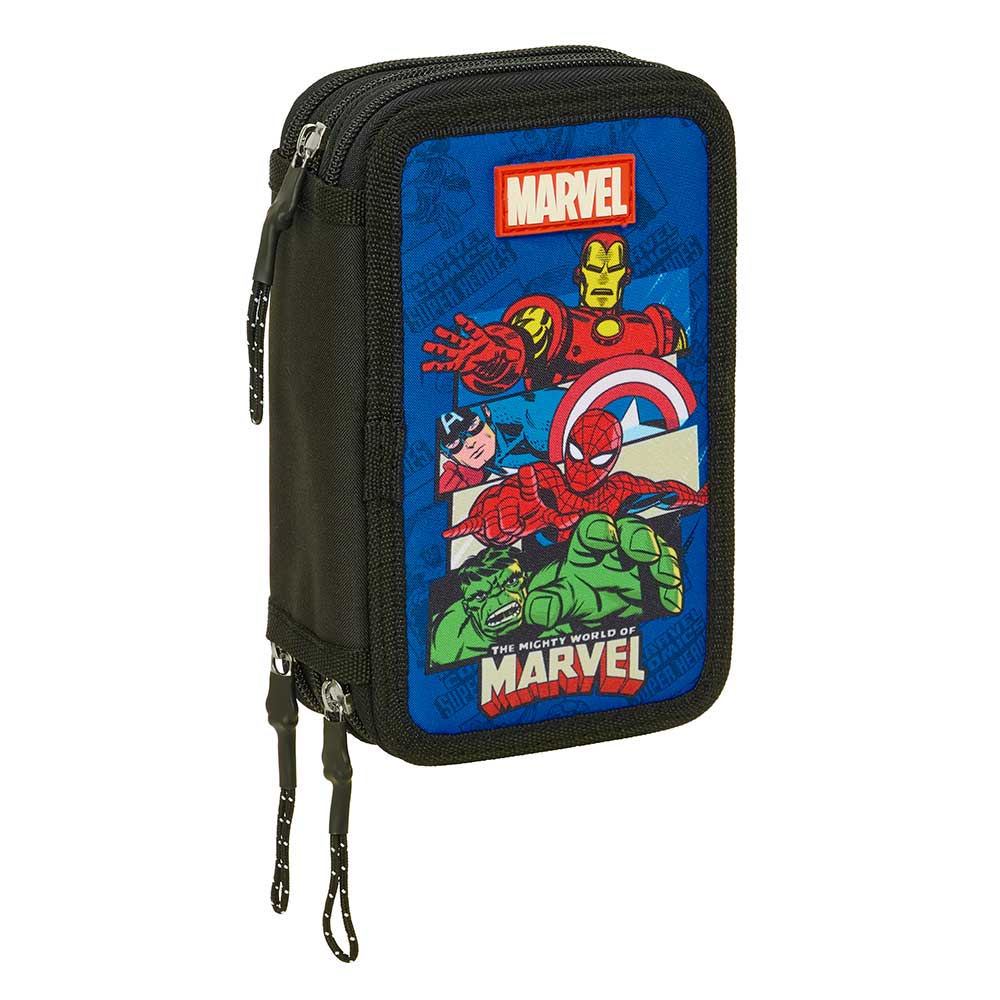 SAFTA | Portatodo Doble Avengers Marvel Comics Super Heroes, Estuche Escolar Juvenil con Dos Compartimentos Separados y Cremalleras, Asa Lateral de Mano, Organizador para Vuelta al Cole, Azul
