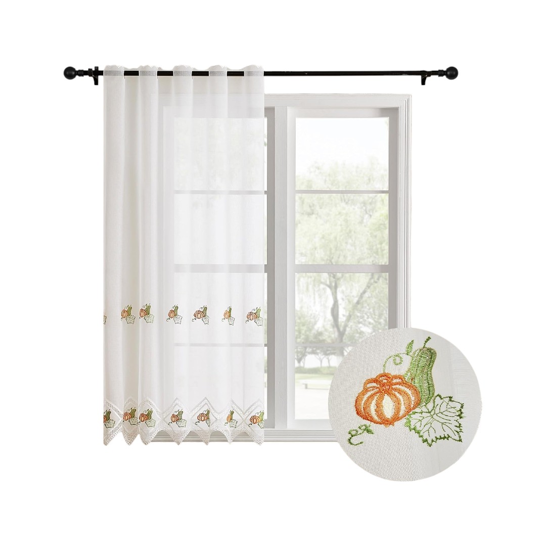 Cortina de Cocina Transparente con Bordado Floral, Visillo de Encaje Decorativo, Cortina Corta para Ventana, Estilo Campestre, 105x140 cm / 150x140 cm