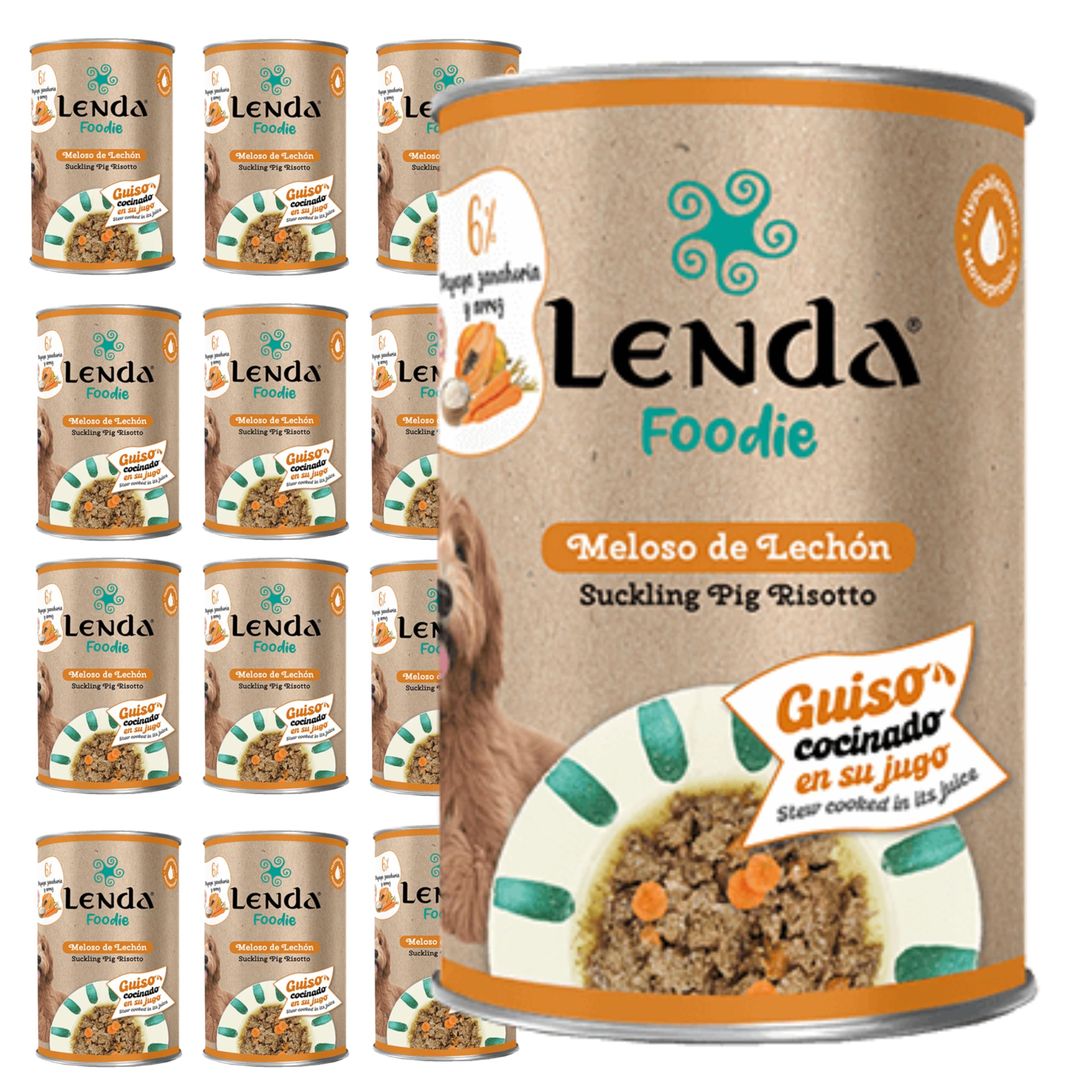 Lenda Foodie - 12 x 380gr Comida Humeda Perros Premium - Meloso de Lechon - para Adultos Jovenes y Senior - Comida Natural Hipoalergenica con Aceite de Salmon - Sin Conservantes ni Aditivos