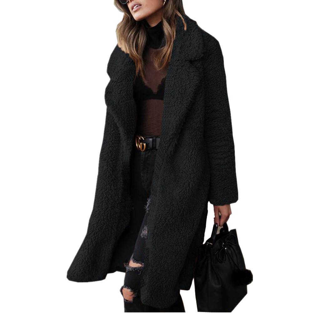 Abrigo largo y acolchado para mujer con solapa y diseño abierto; cálido abrigo de invierno de piel sintética