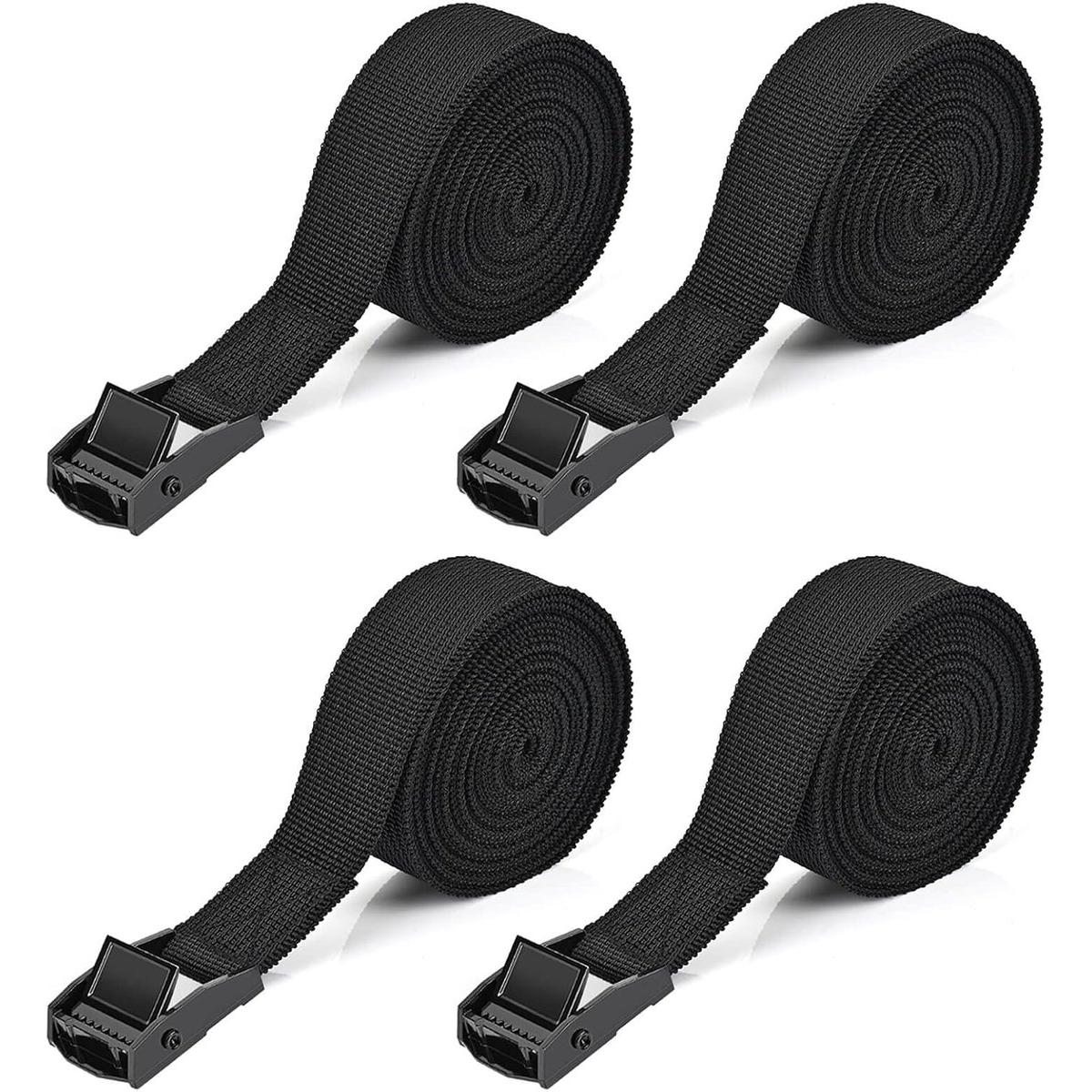 Set van 4 spanbanden, 2,5 m x 2,5 cm, rateltype, met spangesp, voor het vastzetten van bagage, tassen, goederen, enz., zwart.