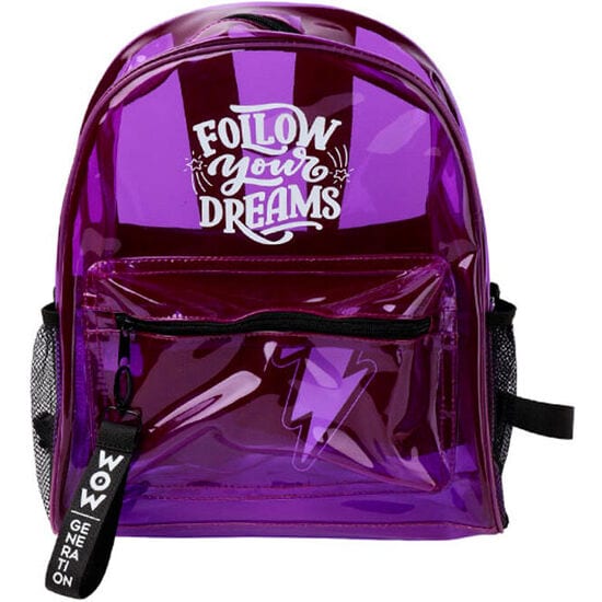 Mochila Infantil Wow Generation, 32 cm, PVC Transparente Brillante, Compartimento Principal y Bolsillo Frontal con Cremallera, Laterales de Rejilla, Ligera y Resistente, Morada