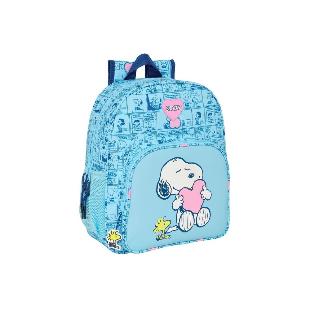 Mochila Snoopy 'Love', azul con estampado | SAFTA - Mochila 38 cm, adaptable a carro, bolsillos laterales, frontal y principal con cierre de cremallera, vinilo frontal efecto relieve // Ref: 612539640