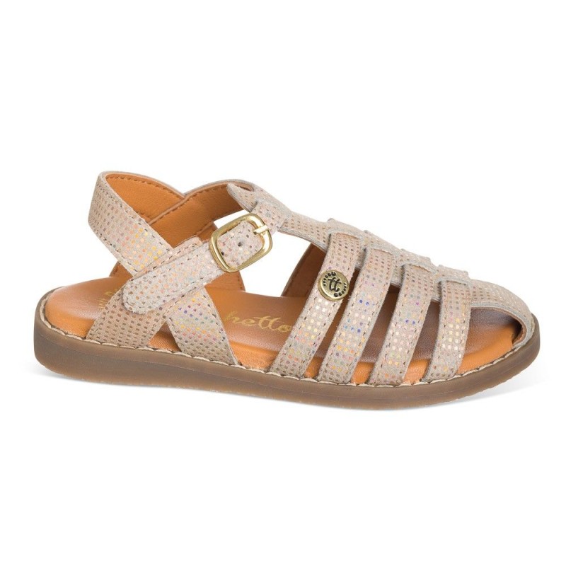 Sandalia cangrejera estampada con brillo confeccionada 100% piel color oro rosa
