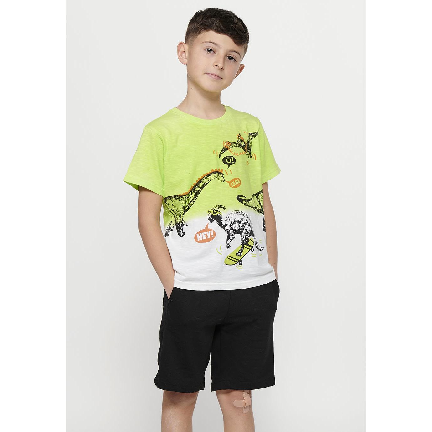 Koroshi - Camiseta niño manga corta con estampado de dinosaurios en monopatín y degradado lima, 100% algodón suave y transpirable para juego y uso diario