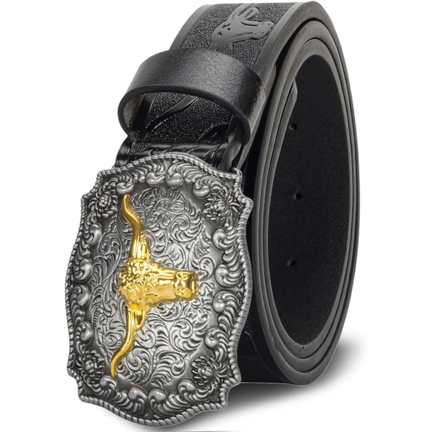 Cinturón Vaquero Western de Cuero con Hebilla Grande de Toro Longhorn Dorado – Cinturón Cowboy/Cowgirl para Hombre y Mujer con Grabado Floral, Estilo Country Clásico, Ideal para Jeans, Vestidos y Eventos Temáticos