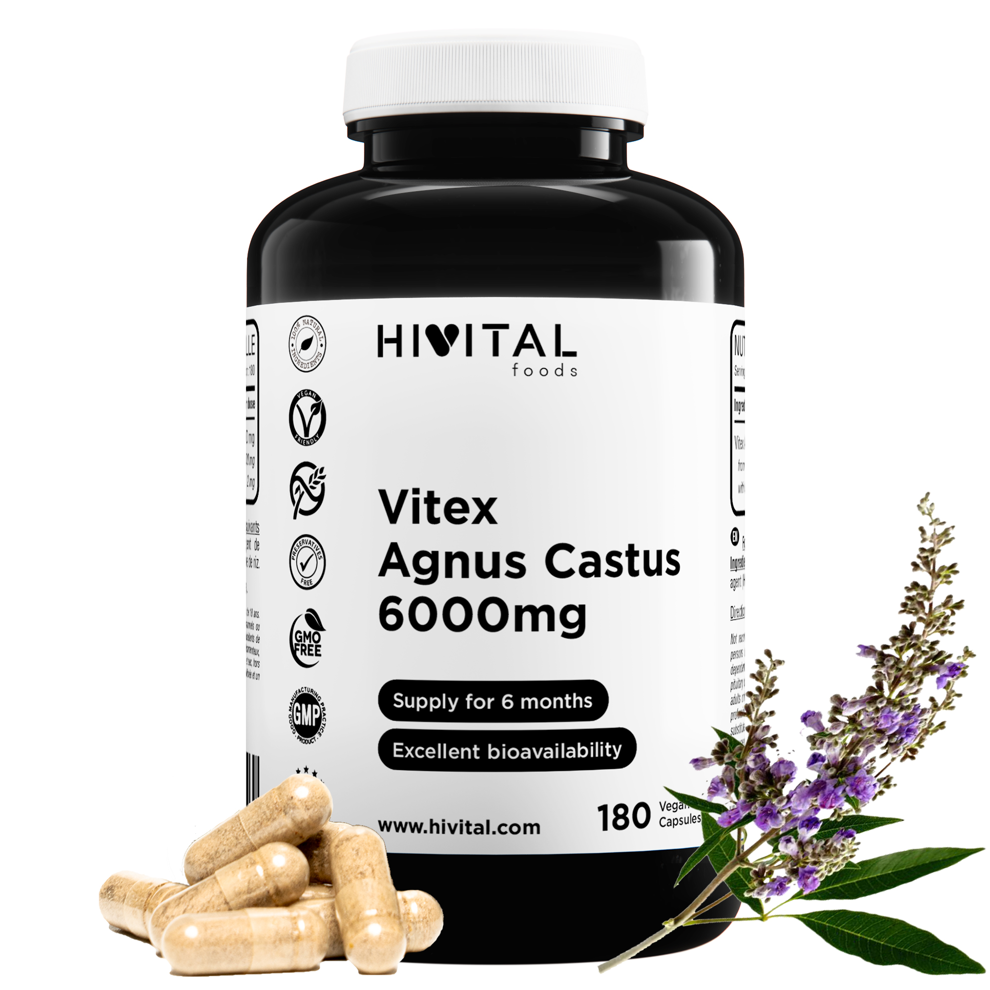 Vitex Agnus Castus 6000 mg | 180 cápsulas veganas. Hivital