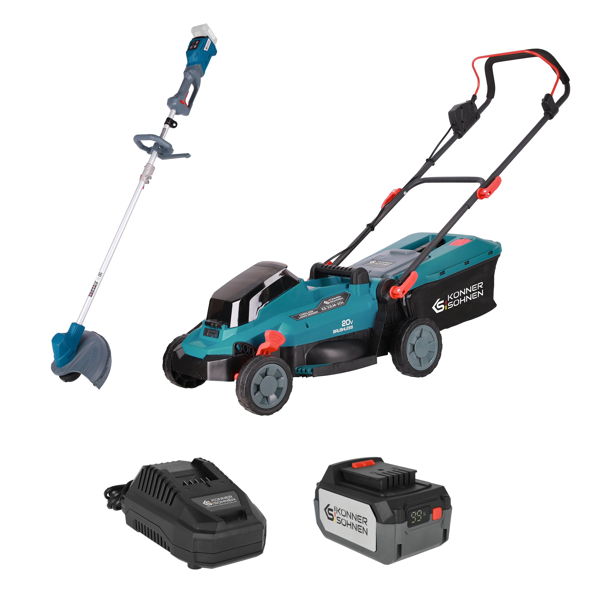 Kit promocional para el cuidado del césped Könner & Söhnen - Cortacésped de baterías KS 33LM-20V+Recortadora de bateria KS BCT-20V+Cargador para batería de litio de 20V+Batería de litio de 20V 4Ah