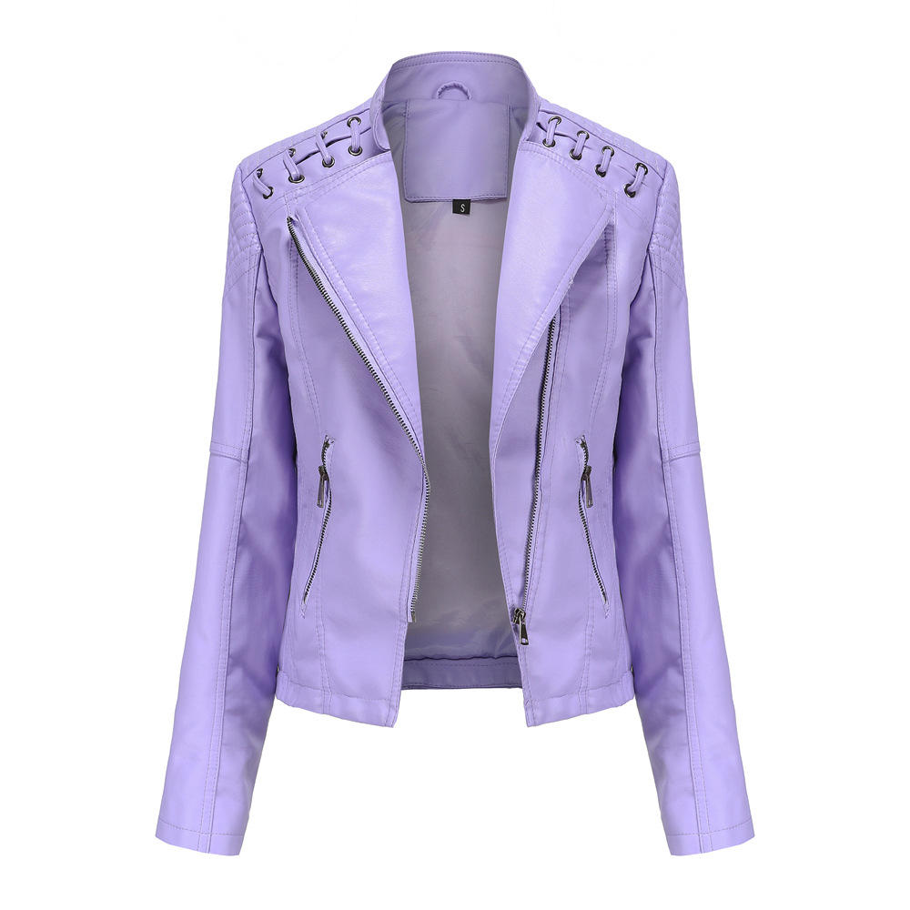 TK Chaqueta de cuero para mujer, estilo corto, corte ajustado, abrigo de cuero ligero, chaqueta de motociclista para mujer