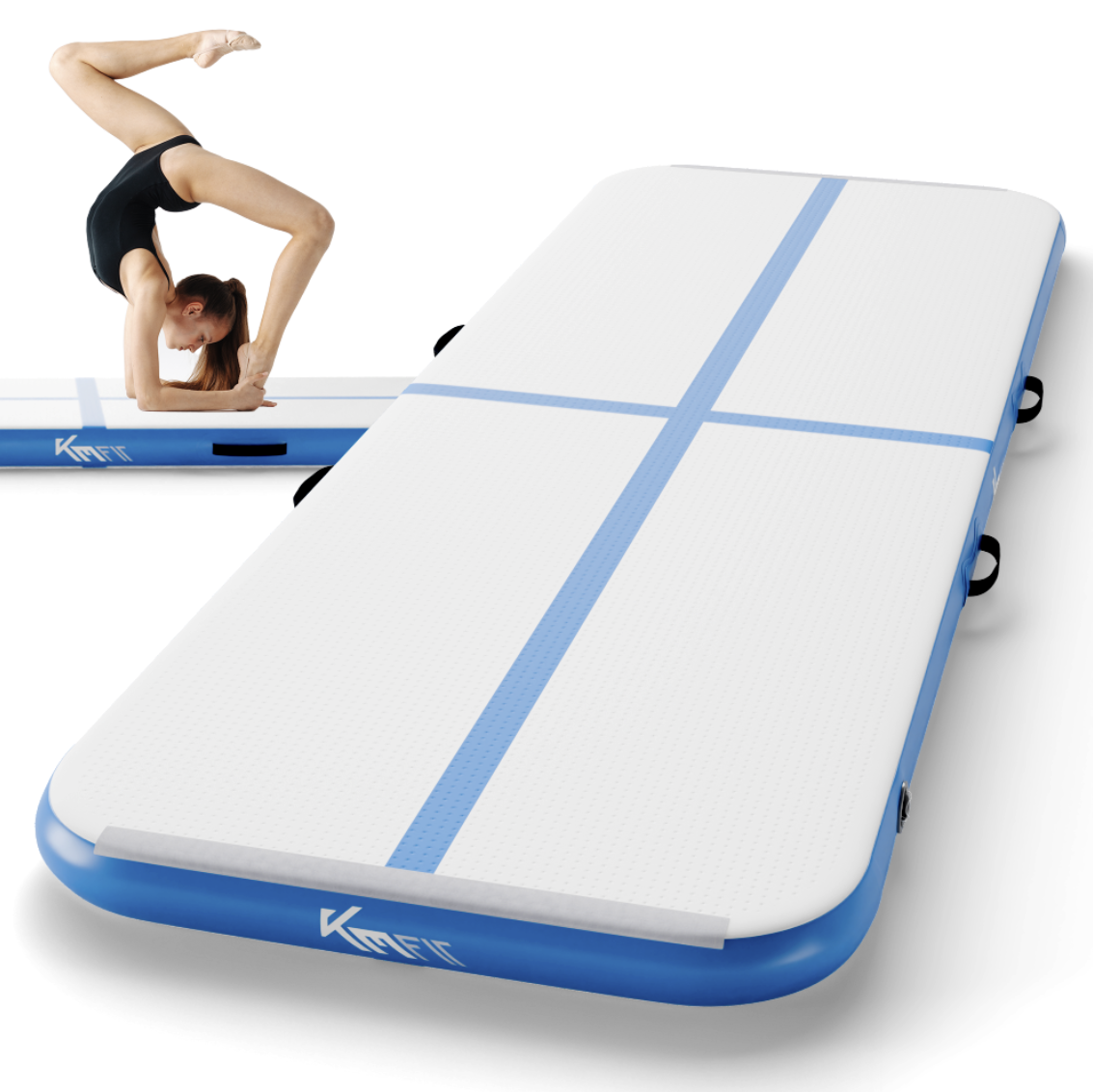 KM Fit - Colchoneta Hinchable para Gimnasia - 3 M - Incluye Bolsa de Transporte, Bomba de Aire Eléctrica y Juego de Parches - Azul