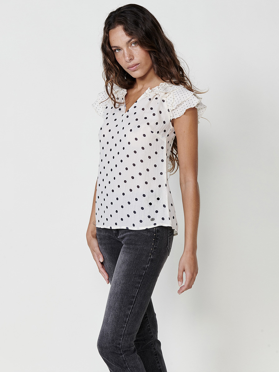 Koroshi - Blusa mujer sin mangas en voile 100% poliéster con estampado de topos crudo, cuello redondo ajustable y volantes para verano