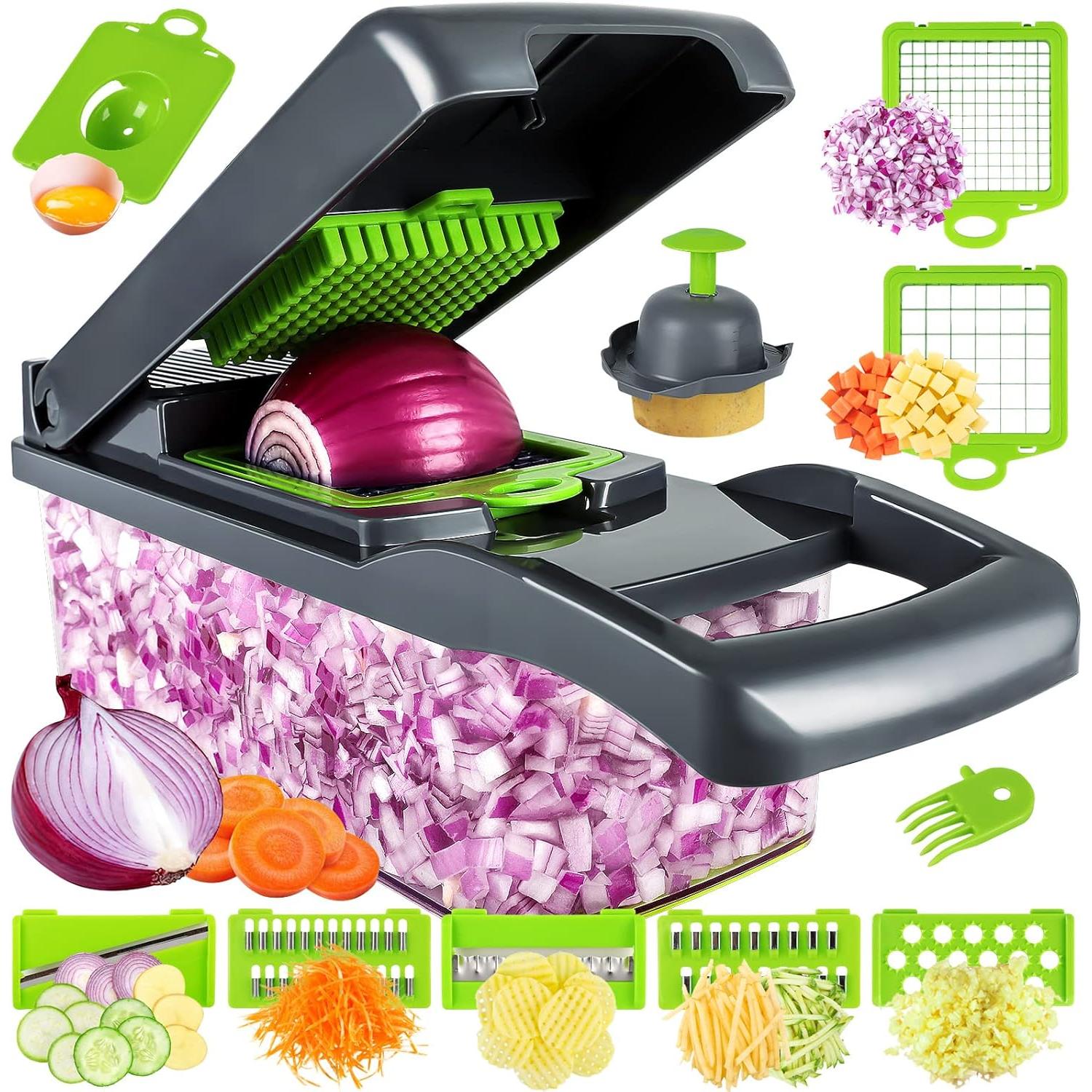 Picador de verduras, picador de cebolla profesional, picador de alimentos multifuncional 13 en 1, rebanador cortador picador de verduras de cocina, picador de verduras con 8 cuchillas, picador de