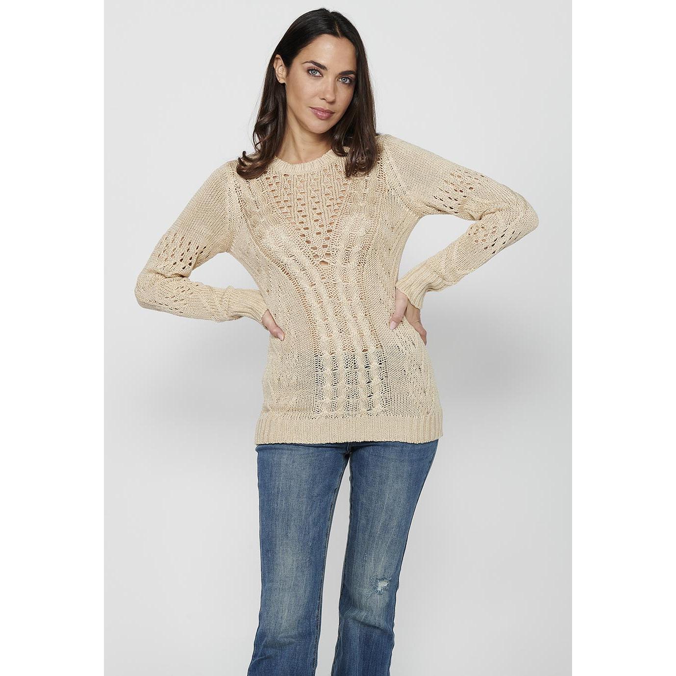 Koroshi - Jersey de mujer con calado delantero en punto suave de acrílico 95%, manga larga y cuello redondo color beige