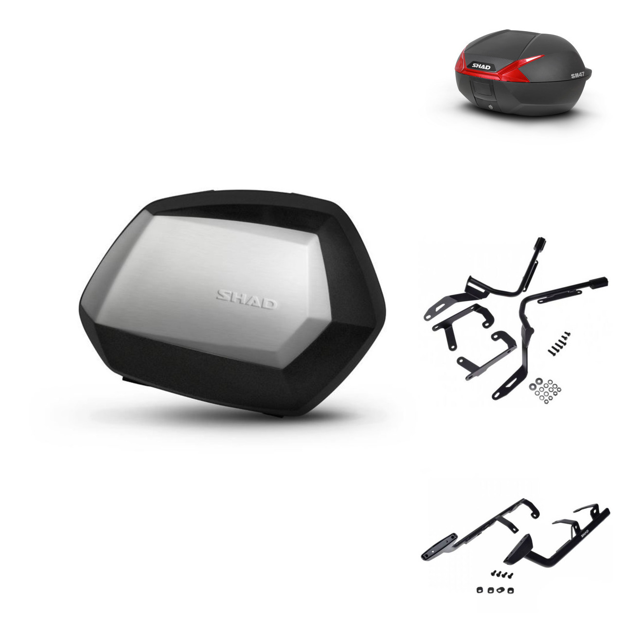Tudetic SH47 Motorcycle Trunk with Mounting Hardware Kit for Honda Integra and NC Series, lockable ABS plastic case for helmet storage, expandable saddle, and quick release functionality.