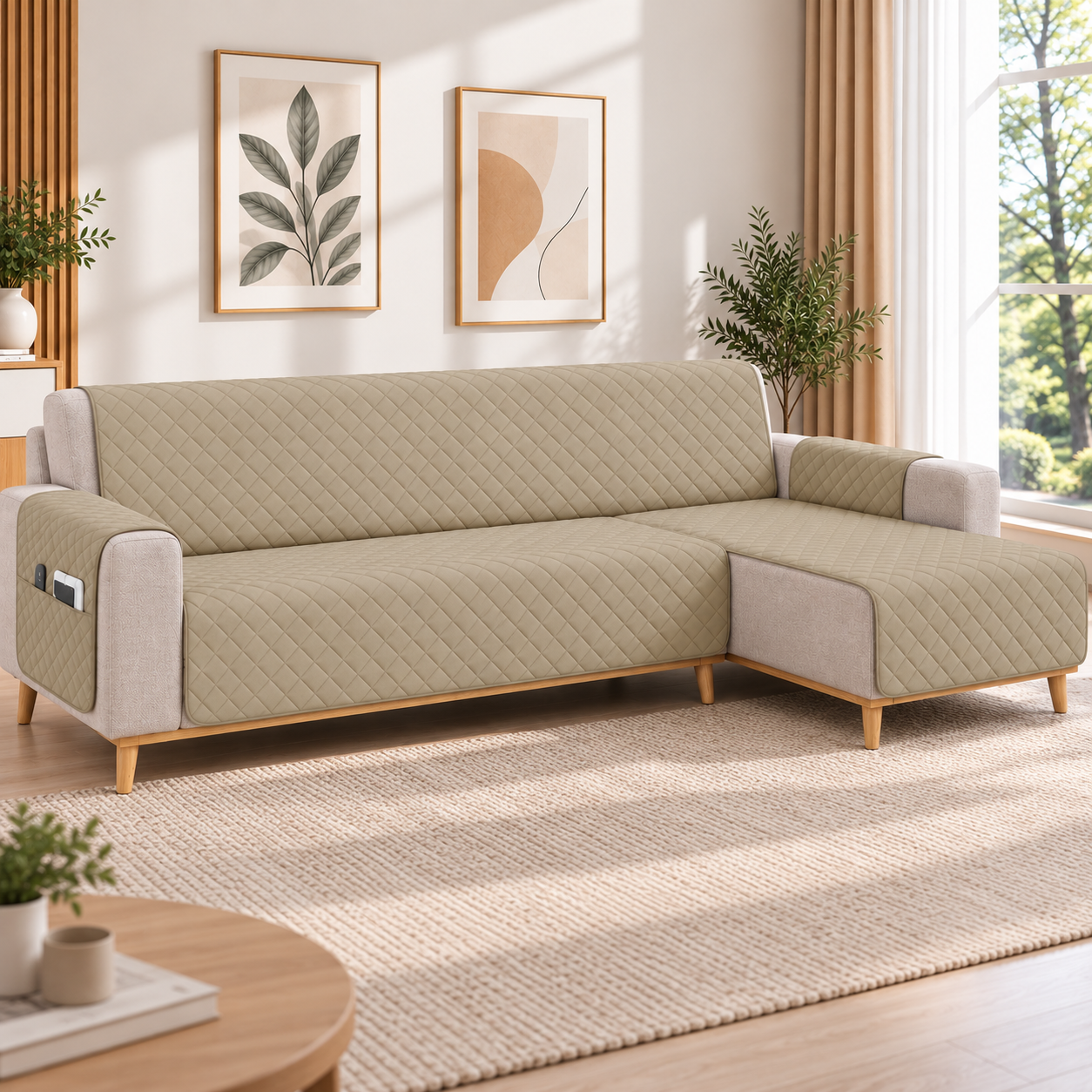 Kynley Protector de Sofá Chaise Longue Acolchado, Funda Cubre Sofá Antideslizante Lavable con Bolsillo, Protector para Mascotas, Chaise Izquierda/Derecha, 2M/2,4M/2,8M