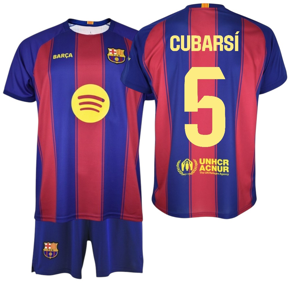 F.C Barcelona - Conjunto Camiseta y Pantalón Niño - Jugador CUBARSÍ Nº5 - Diseño Blaugrana Clásico - Escudo Bordado - Tejido Transpirable - Ideal para regalo