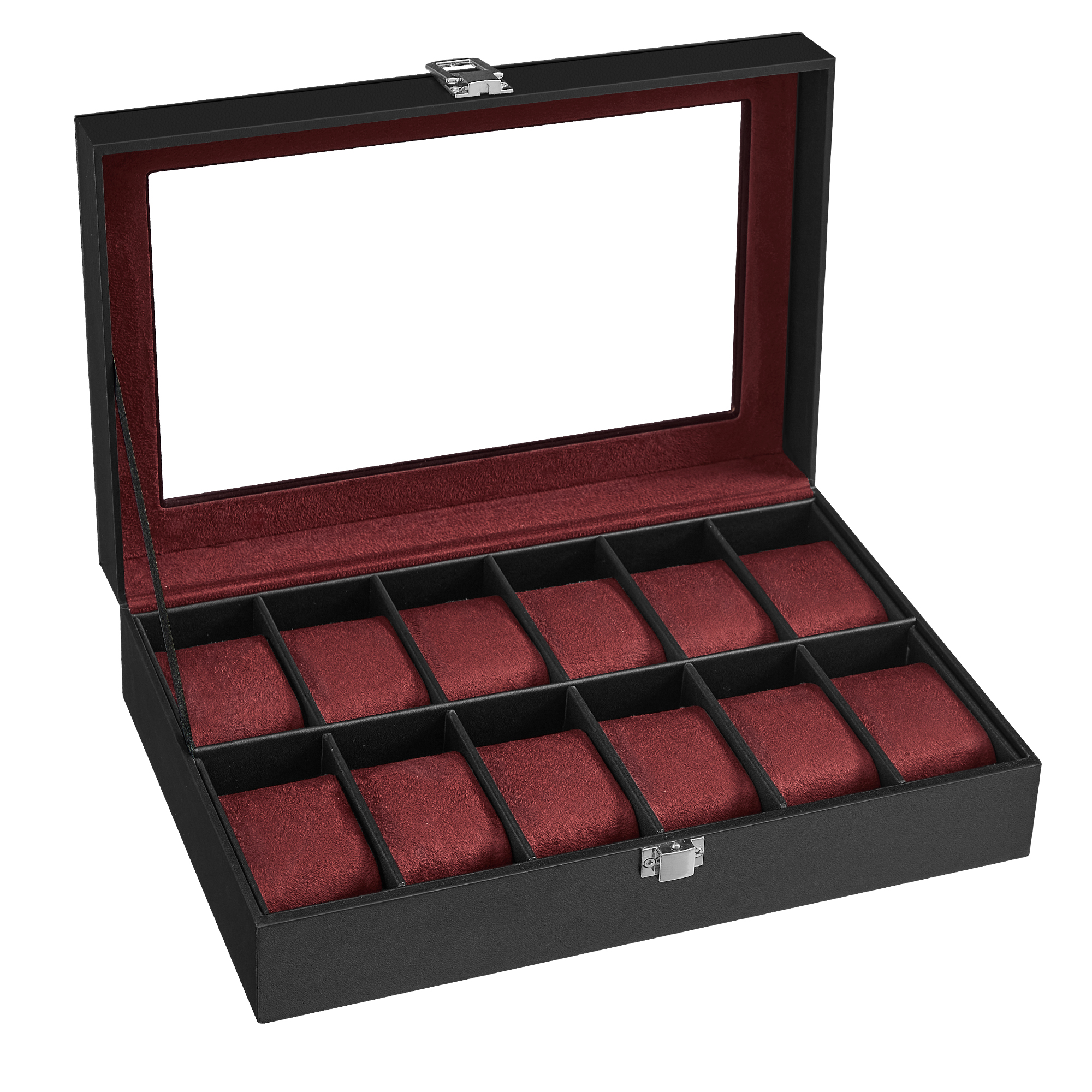 SONGMICS Caja de Relojes con 12 Compartimentos, Estuche de Relojes con Tapa de Cristal, Cojín Extraíble, Cierre Metálico, Cuero Sintético Negro y Forro Gris/Negro/Negro y Biege/Negro y Forro Rojo Burdeos/Blanco Nube y Beige Capuchino/Marrón Café