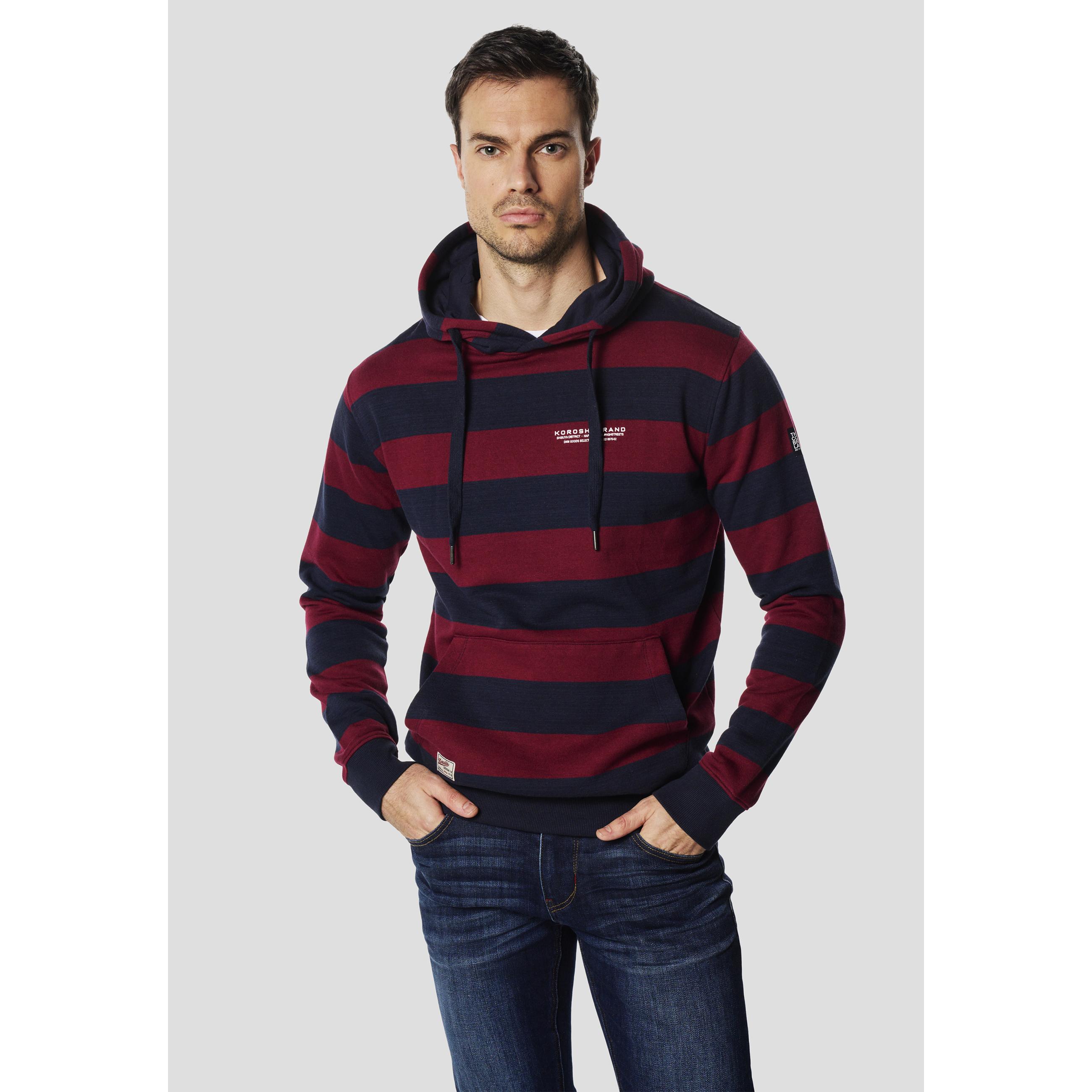 Koroshi - Sudadera con capucha para hombre de algodón y poliéster, diseño de rayas navy y granate, bolsillo canguro, corte regular