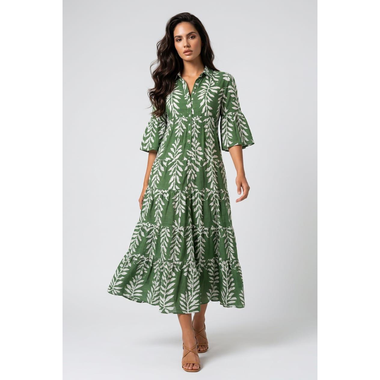 Vestido largo Marca BanBat estampado para mujer con cierre frontal de botones, cuello camisero clásico y caída elegante, fabricado en 100% poliéster, fácil de combinar con sandalias o tacón- REF: 15431