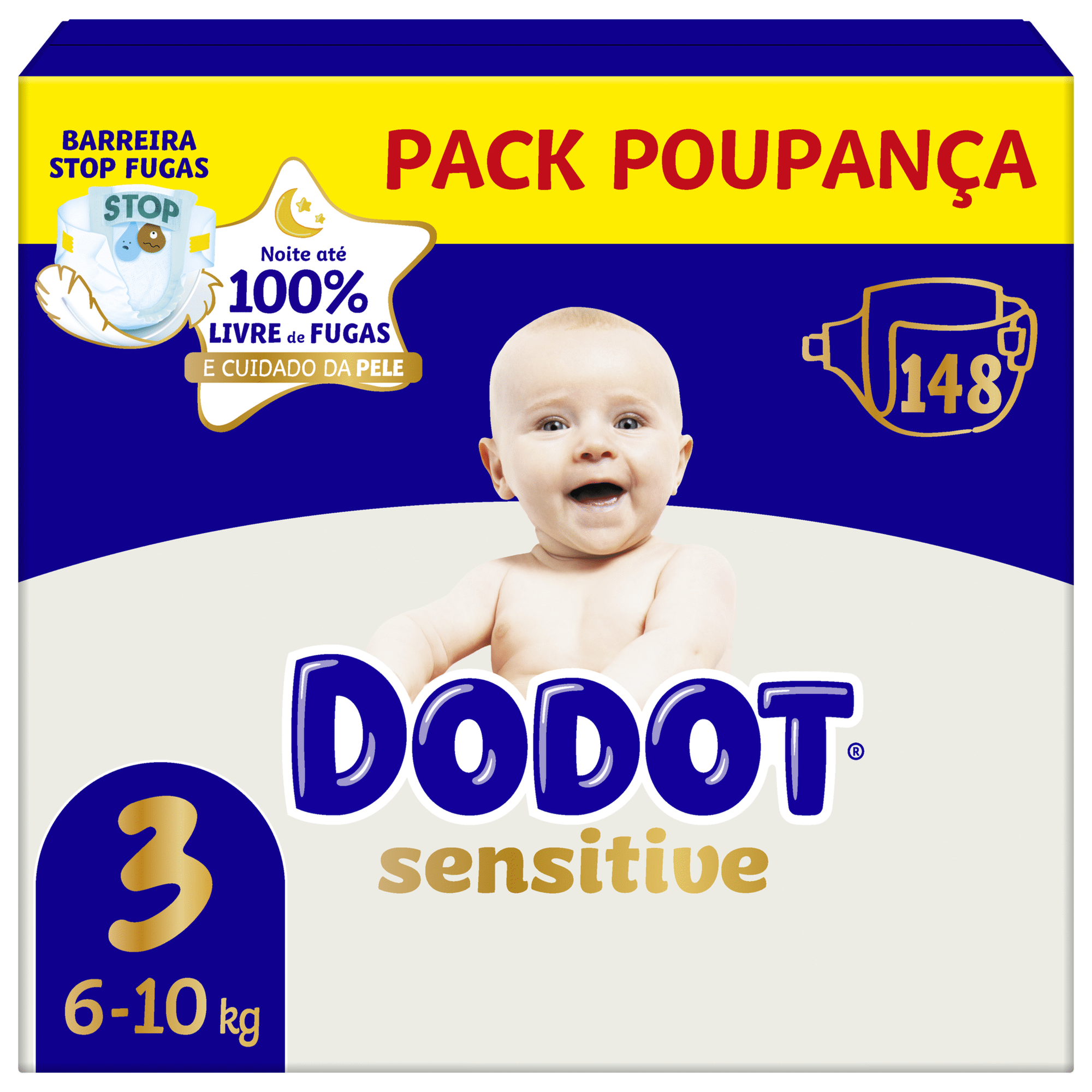 Dodot - Pañales Sensitive Talla 3 (6-10 kg) Mega Pack 148 unidades protección suave piel sensible bebé absorción máxima