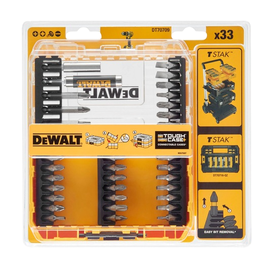 DeWalt - Juego de puntas DT70709-QZ de 33 piezas con estuche resistente Tough Case, apto para destornilladores de impacto, puntas tratadas térmicamente y soporte magnético de carga rápida para herramientas manuales