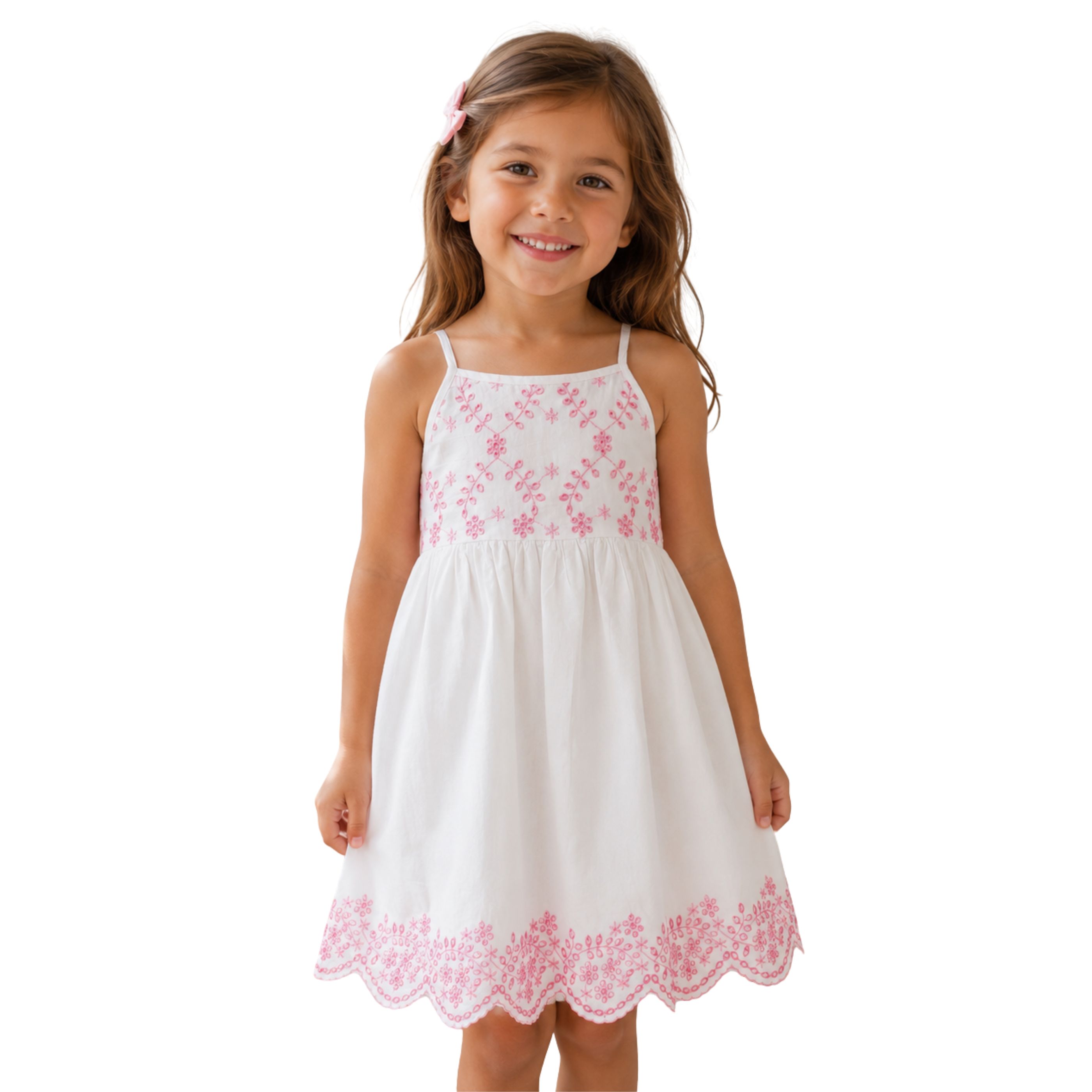 Vestido niña de tirantes con detalles bordados en color rosa realizado en algodón 100% con tirantes regulable de 2 a 8 años