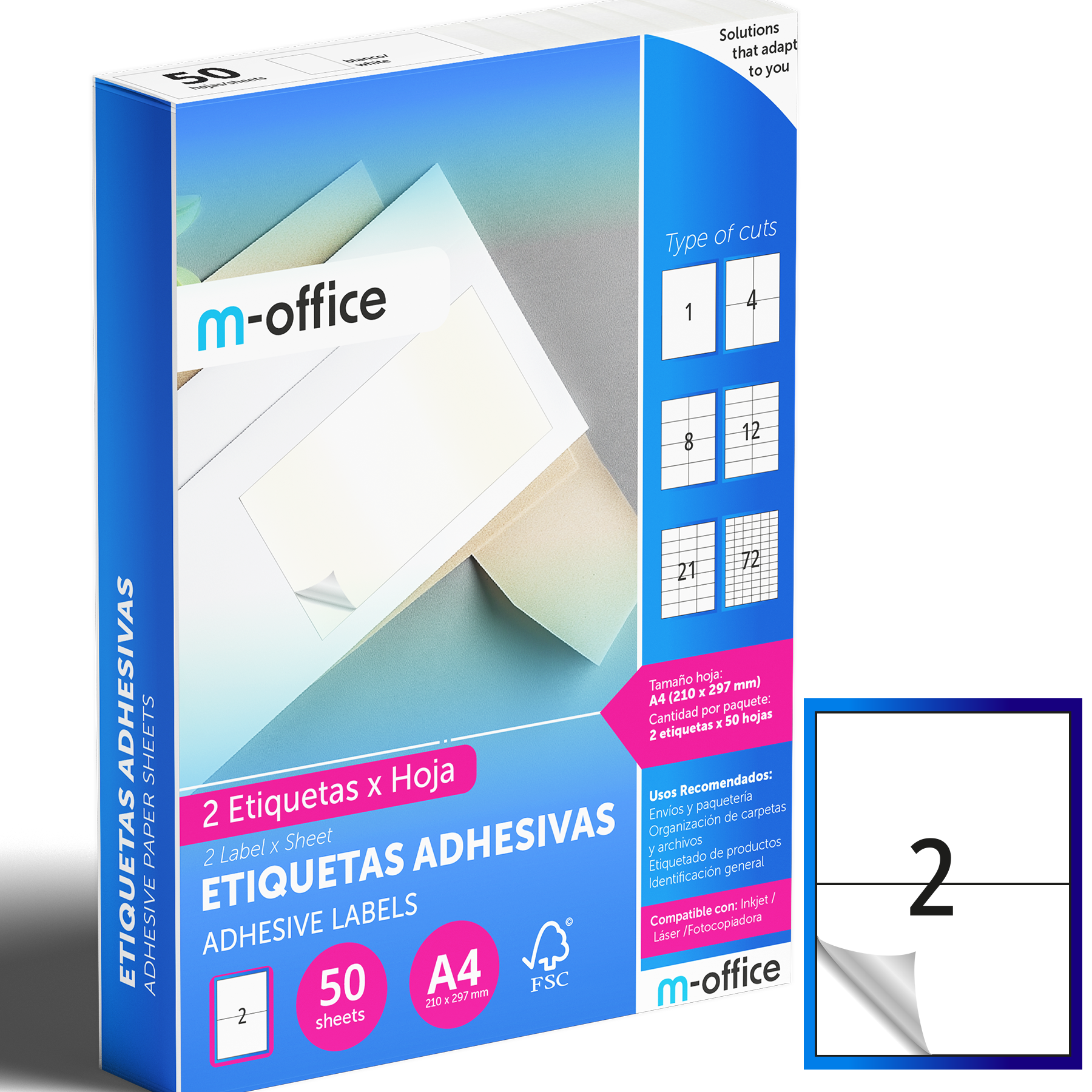 M-office Etiquetas Adhesivas A4 compatible con Label Printer, Pegatinas Blancas Adhesivas para Uso Diario, Papel Adhesivo para Imprimir, Pegatinas para Escribir