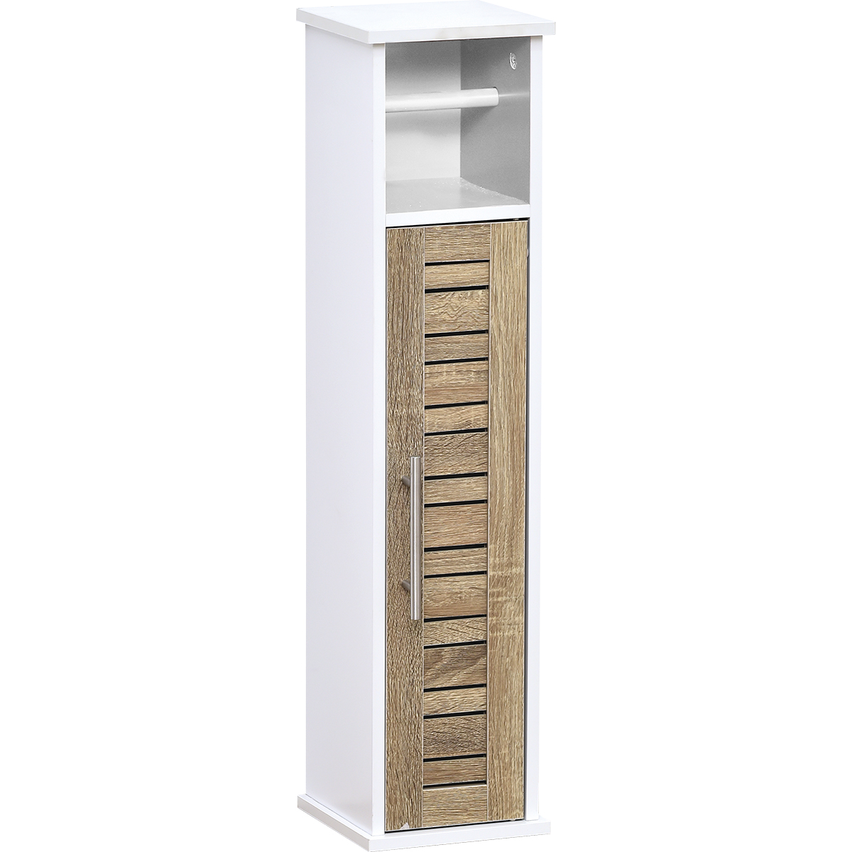Mueble Baño Estrecho con Portarrollos y Puerta, Armario Auxiliar Papel Higiénico, Estante Interior, Ahorra Espacio, Madera