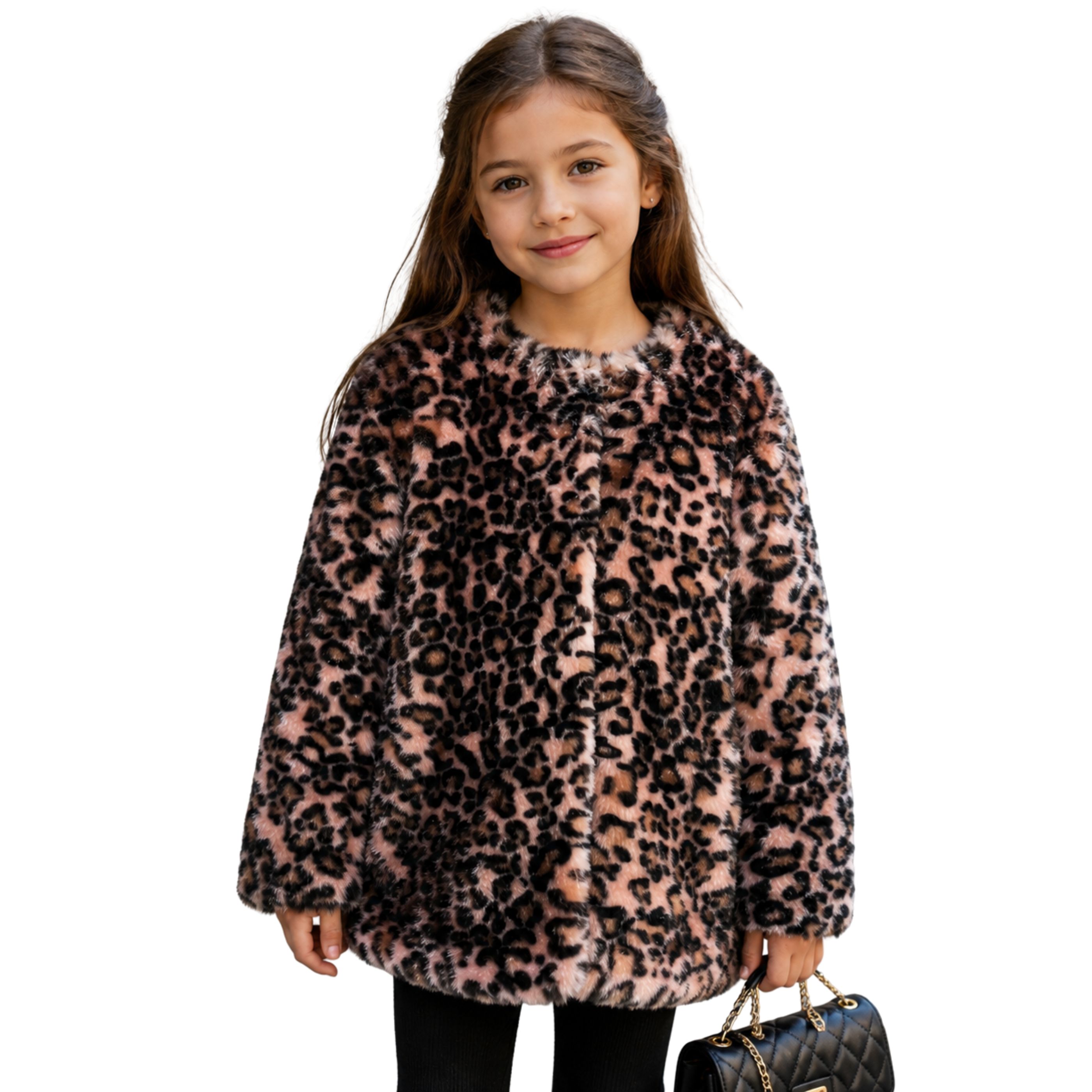 Abrigo Pelo Corto Estampado Leopardo Rosa para Niña Animal Print · 100% Poliéster - Abrigo Tres Cuartos Invierno Elegante