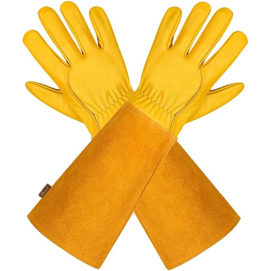 TK Guantes de jardinería de cuero transpurgable para hambres y mujeres con guante a prueba de Espinas, manga Larga de Cuero de Vaca para jardinero y agricultor, Amarillo L