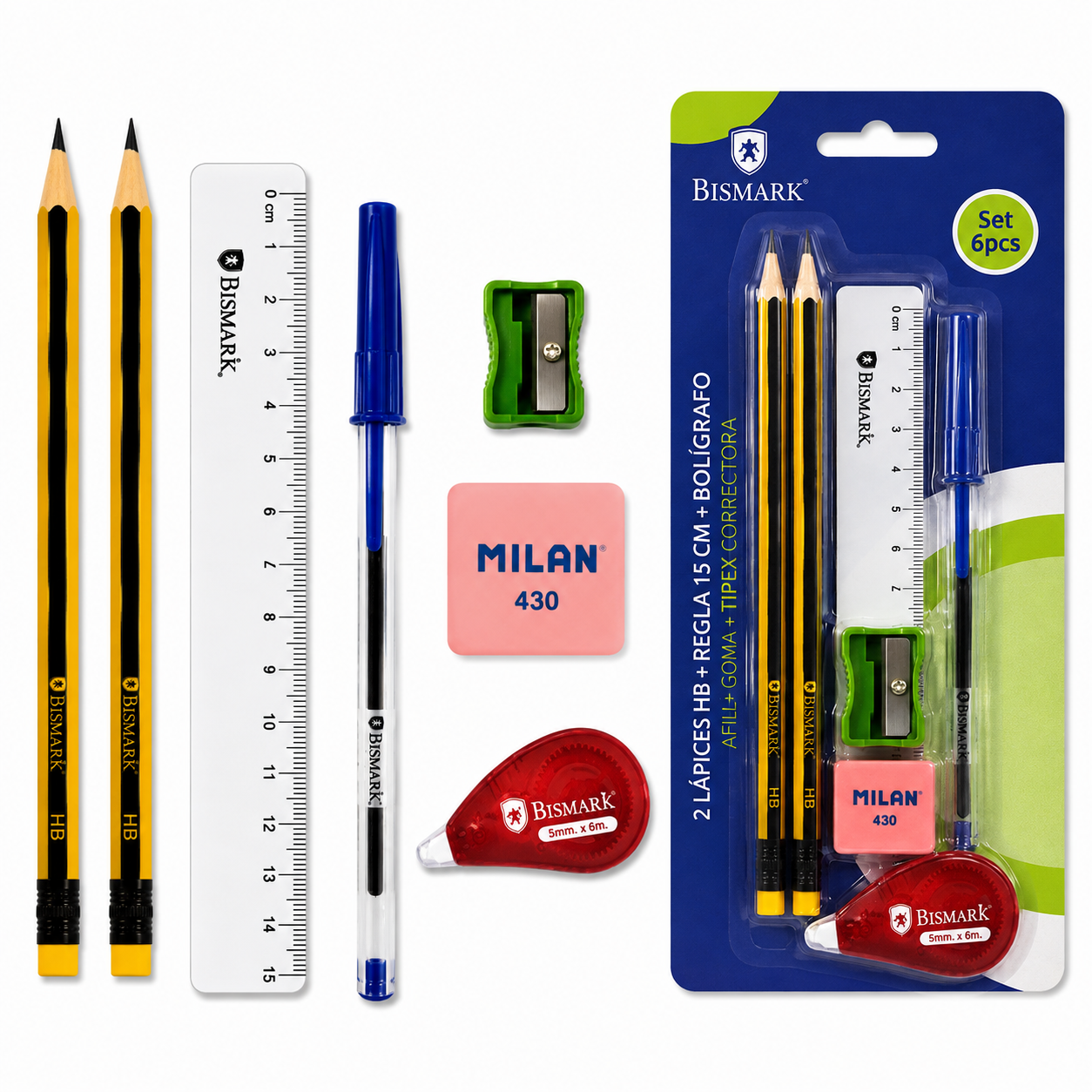 pack escolar bismark completo | 2 lápices hb + bolígrafo azul + regla 15 cm + sacapuntas + goma + corrector tipex 6 m | kit material escolar para colegio, instituto y vuelta al cole