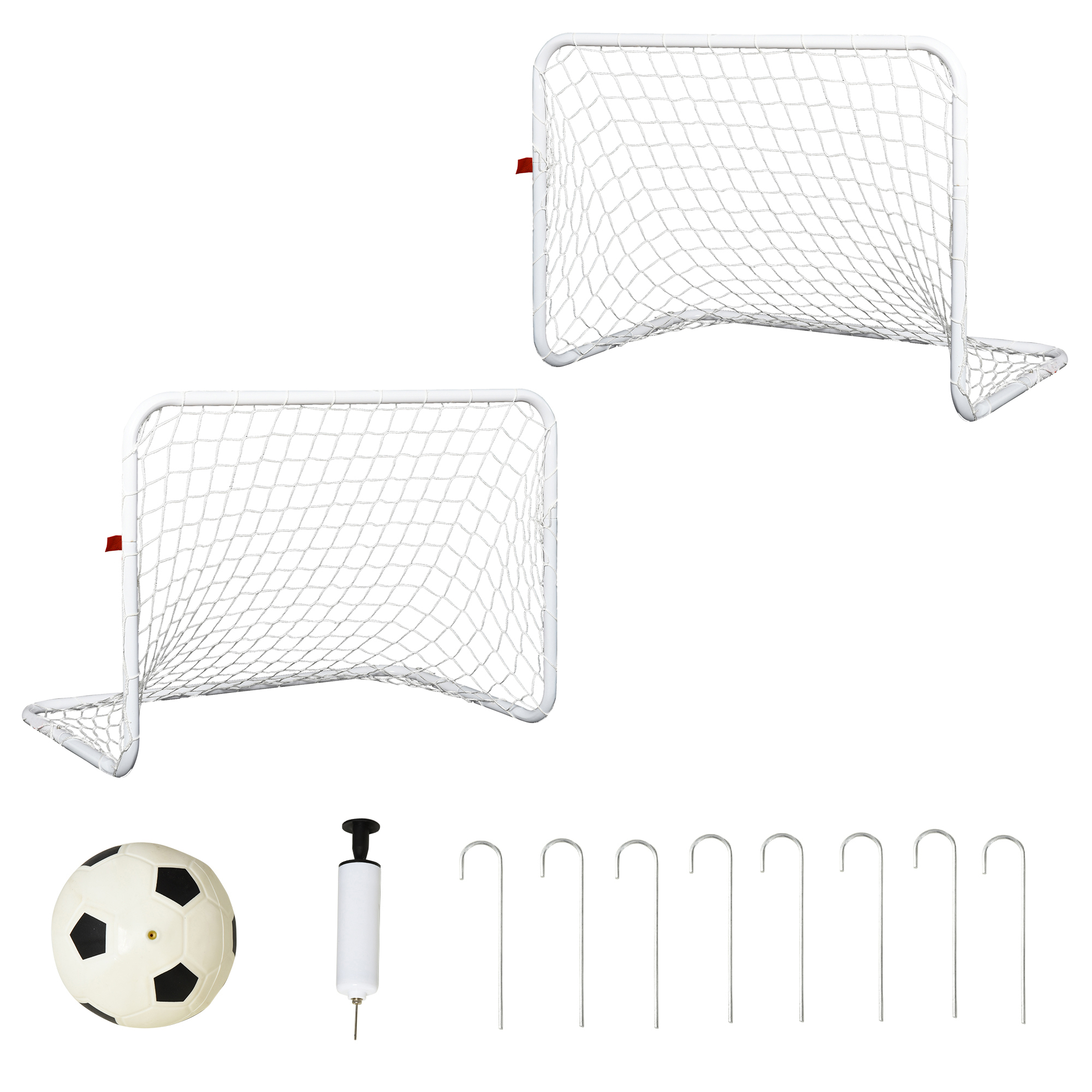 HOMCOM Set de 2 Porterías de Fútbol con Red y Balón para Niños y Adultos Juguete Deportivo para Exterior Jardín Acero y Poliéster 78x46x56 cm Blanco
