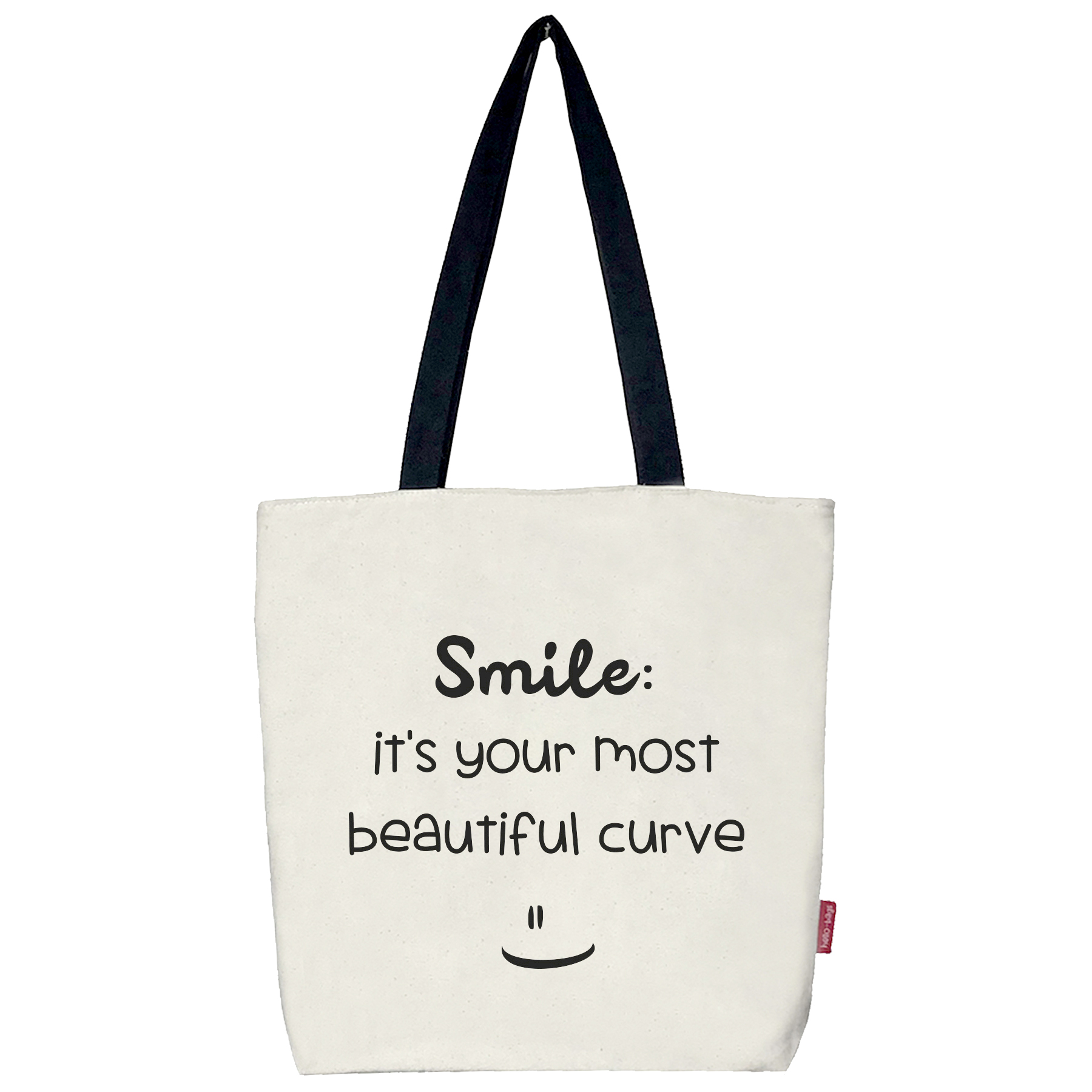 Hello-Bags. Bolso tote bag con cremallera, forro y bolsillo interior. Exterior: Algodón 100%. Incluye sobre kraft de regalo. Modelo SMILE. Color: Crudo / Negro. Medidas: 37x38 cm.