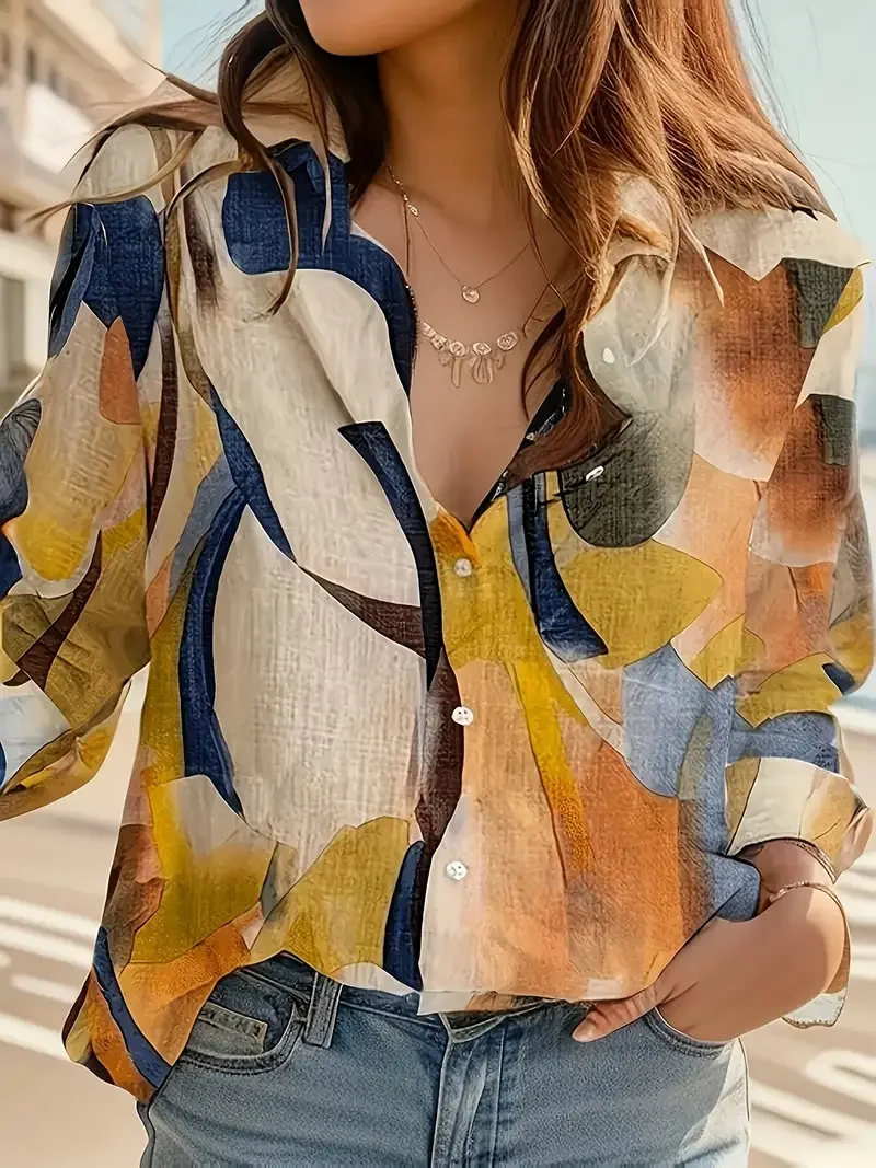 TK Blusa Elegante De Verano Para Mujer Tallas Grandes 1XL-5XL Con Cuello V Y Estampado Geométrico Casual Con Mangas Largas Tops De Oficina