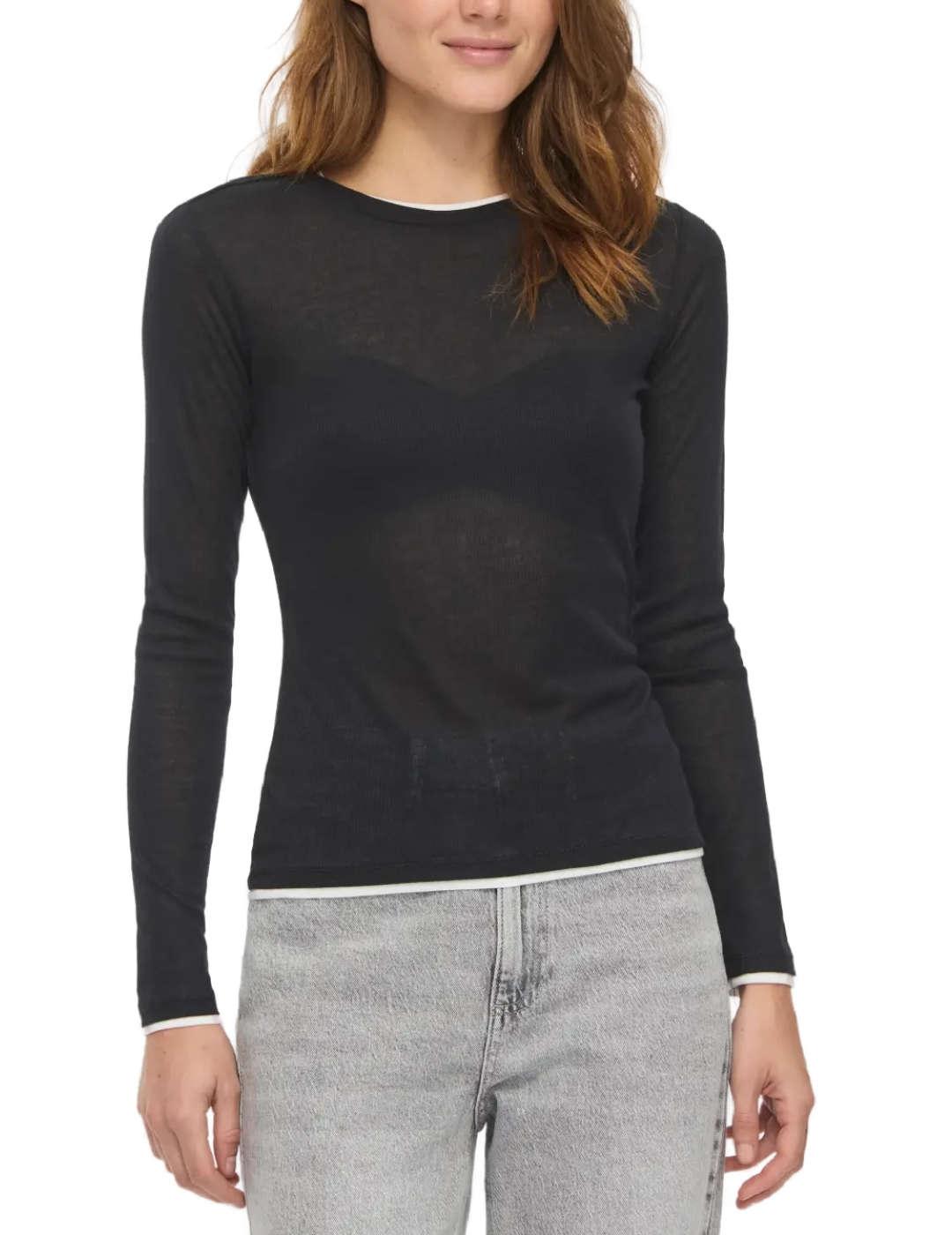 Camiseta Vila Elianne básica negra manga larga de mujer