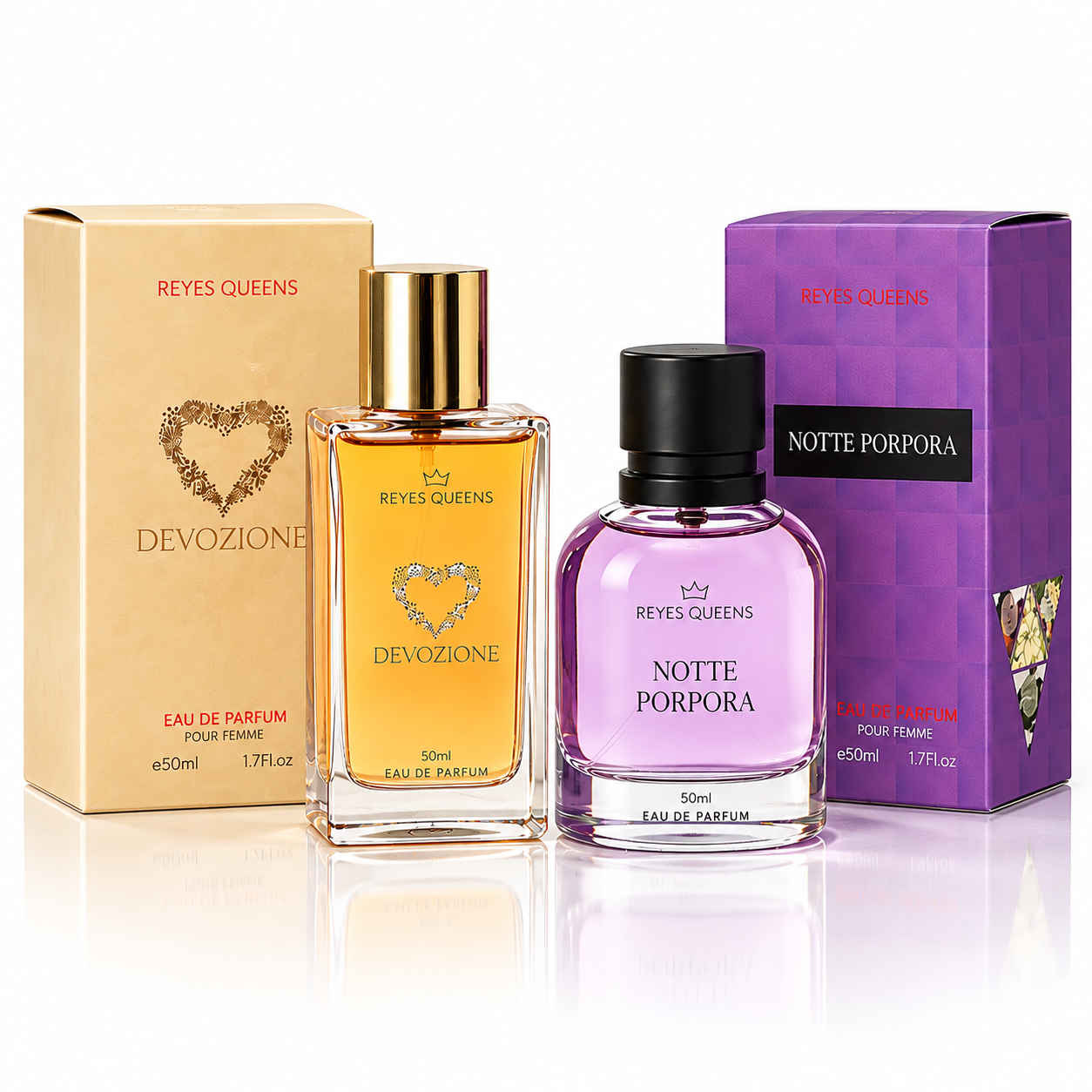 Pack 2 Unidades Eau de Parfum Mujer Reyes Queens Devozione + Notte Porpora, 2 x 50 ml, Set de 2 Perfumes Femeninos Floral, Frutal y Amaderado, Fragancias Elegantes para Día y Noche, 100 ml Total