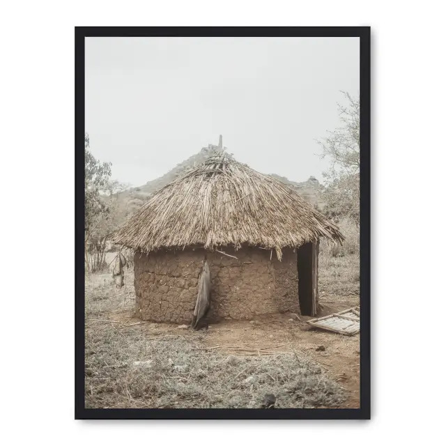 Lámina con marco negro ADOBE CABIN 21x30 cm, Póster impreso en papel de primera calidad de 180gr, montado sobre marco de madera MDF acabado en negro., Naturaleza - Safari