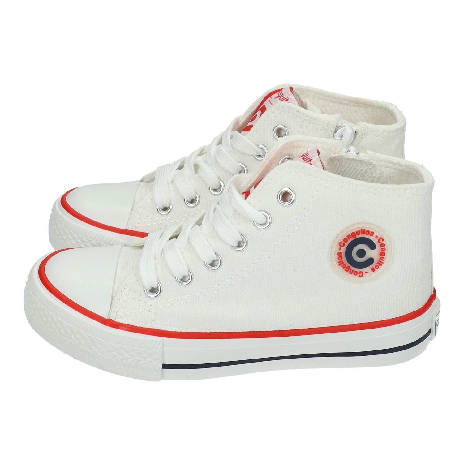 Zapatillas marca CONGUITOS para niña en color blanco. Zapatillas altas de lona Conguitos niño y niña, cierre con cordones y cremallera