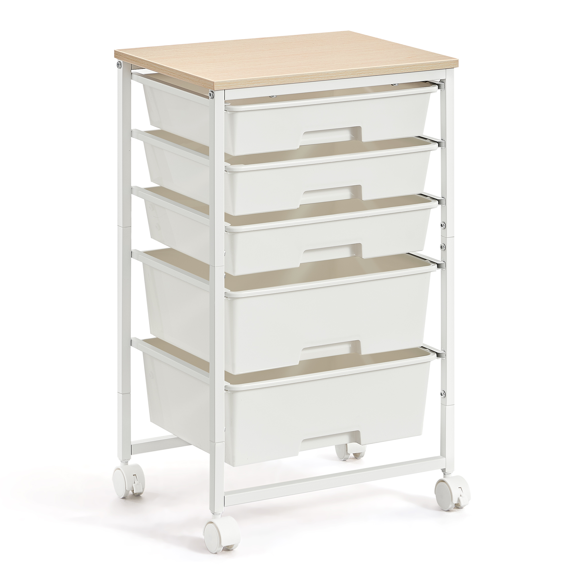 VASAGLE Carrito de Almacenamiento con 5 Cajones y Ruedas, Tablero de Madera, 39,5 x 28,5 x 63 cm, Blanco