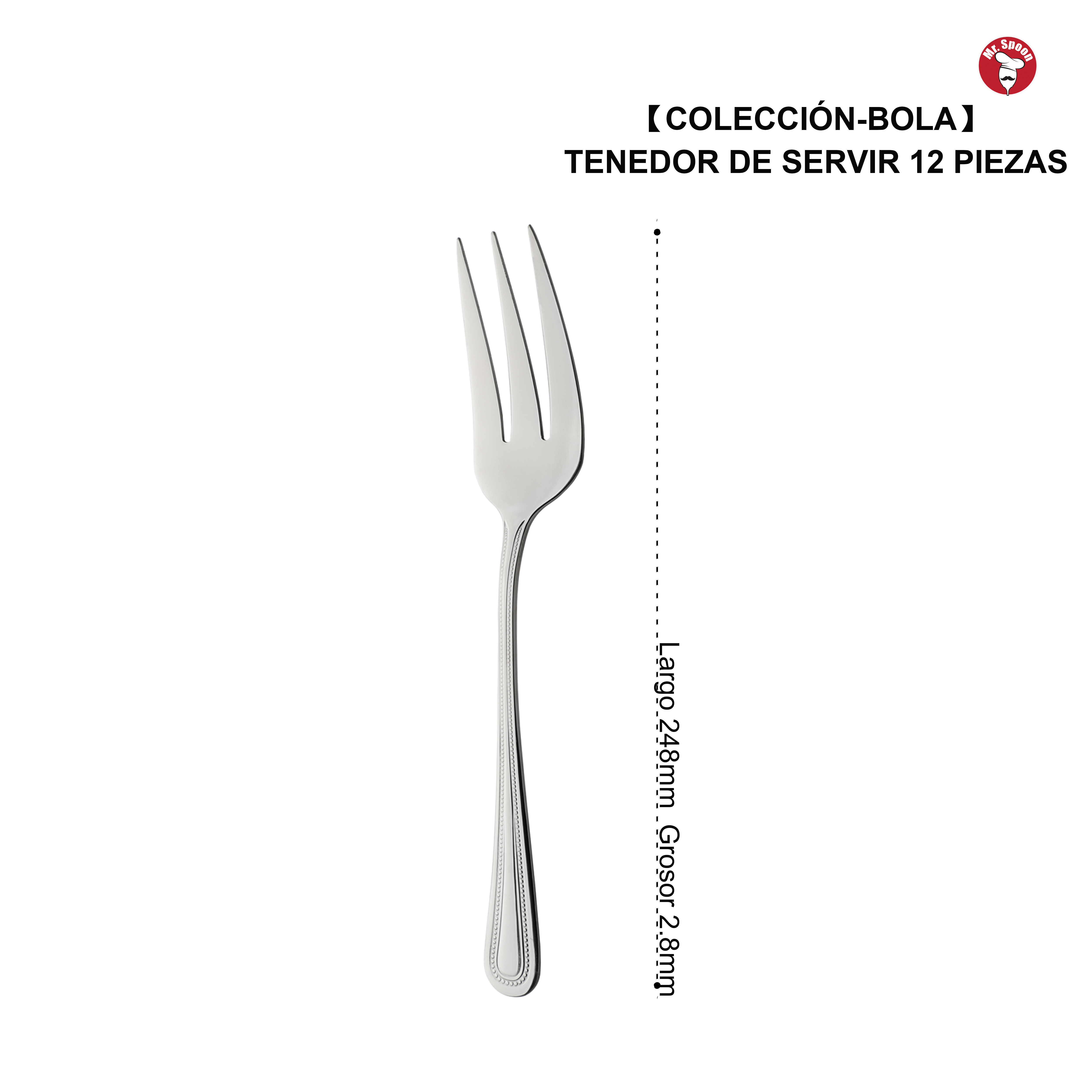 Mr.Spoon Serie Bola Cuchara y Tenedor de servir 2, 6 o 12 piezas,Acero inoxidable 18/0,Plateado,Económico y funcional,Cuchara y Tenedor de servir largo 248mm,Mango monobloque,Apto para lavavajillas,Empaque ecológico. Ideal para casa,hotel,restaurante