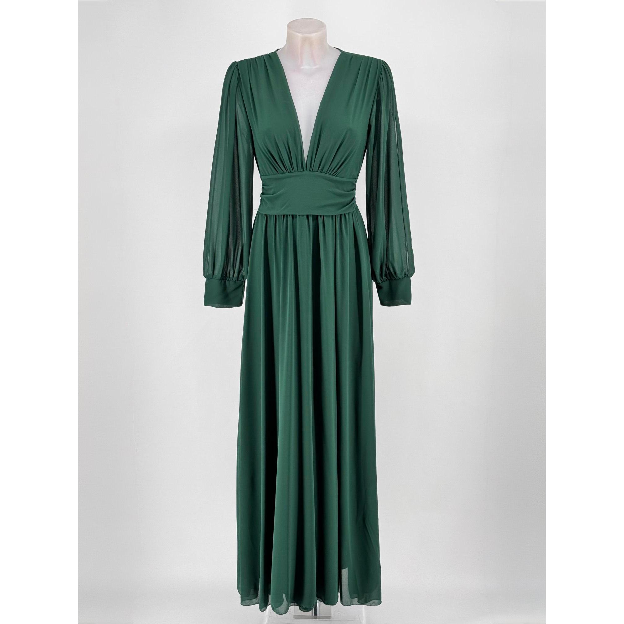 Vestido largo de fiesta en tejido chiffon ideal para invitadas y eventos. Elegante escote pronunciado en pico, mangas abullonadas con aberturas y nido de abeja en la espalda para un ajuste perfecto. Talla única (abarca de la 34 a la 42).