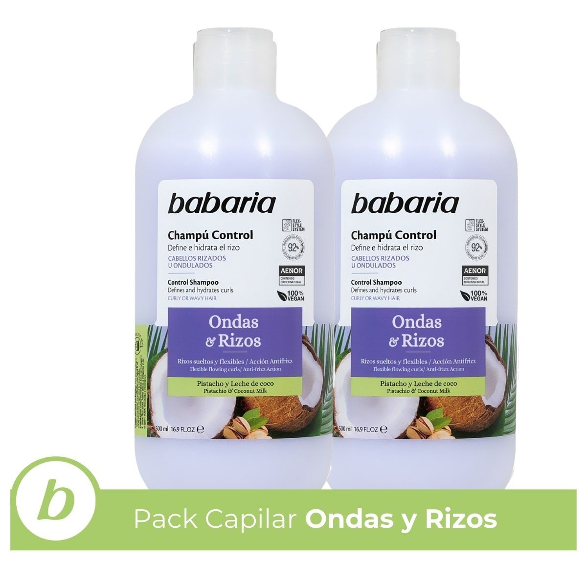 Babaria - Champú Pelo Rizado Y Ondulado Pack de 2 | Define Rizos Y Ondas| Anti frizz Pelo | Coconut Rizos Con Leche De Coco Y Pistachos | 500ml Cada Unidad