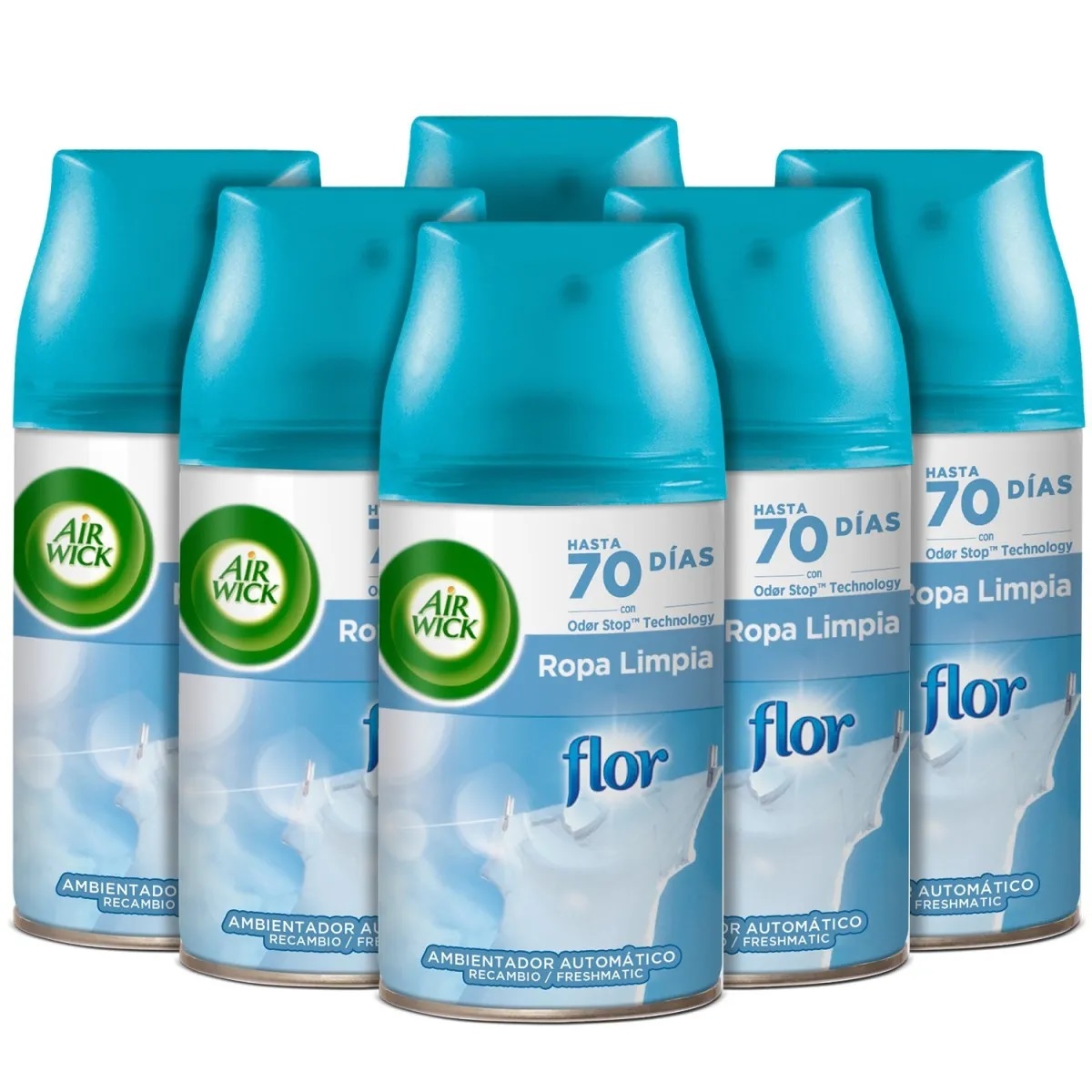 Air Wick Ambientador Freshmatic - Set Lote 6 Recambios, Ambientador para Casa, Diferentes Aromas, Neutraliza Malos Olores, Flor Frescor, Flores Blancas, Lirio de Luna, Nenuco, Oasis Turquesa, Delicias de Verano, Lavanda y Orquidea